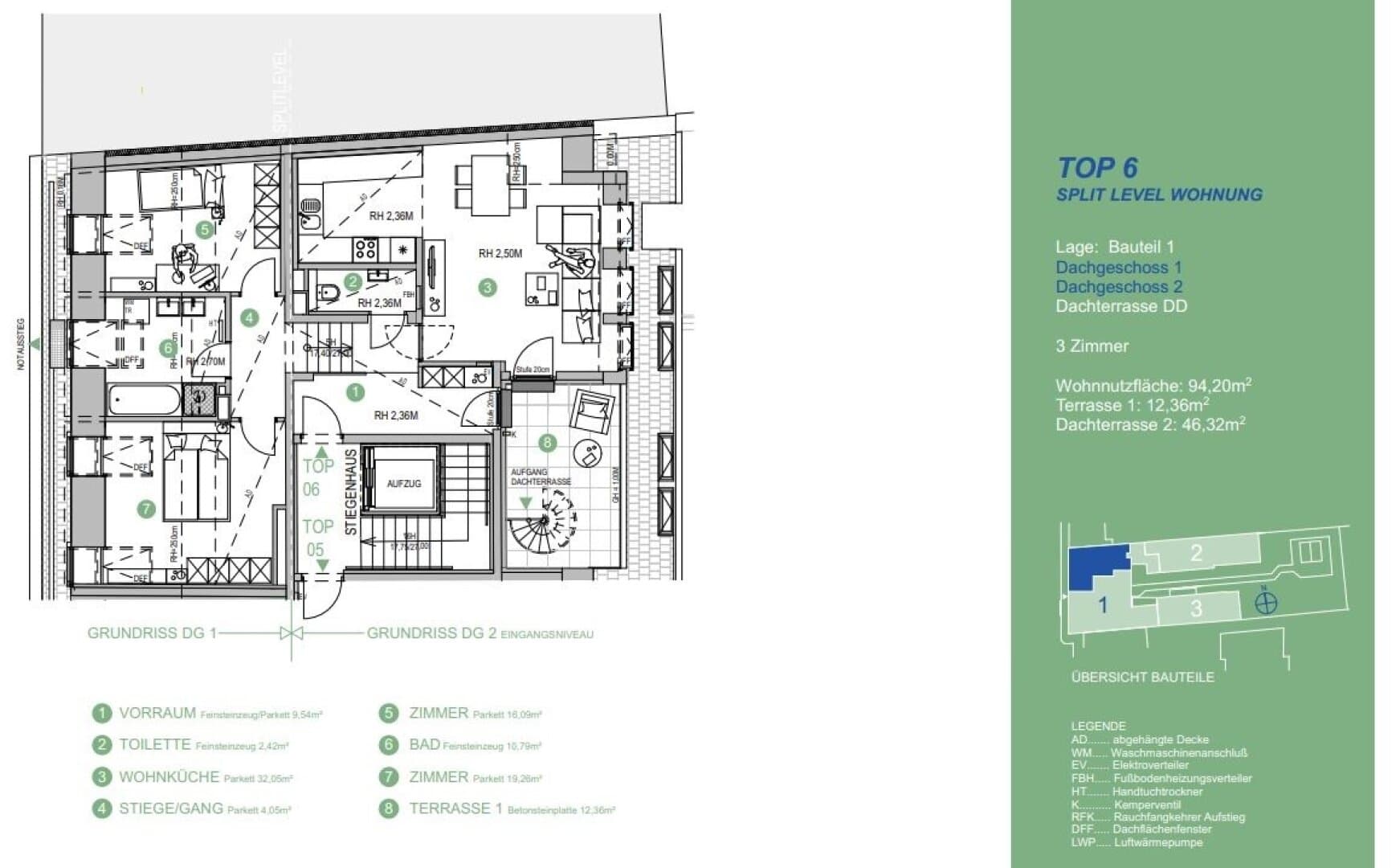 Grundriss Top 6 — Gallgasse 17 — 3 Zimmer — 94 m² — 1st attic floor — Grundriss 1/2