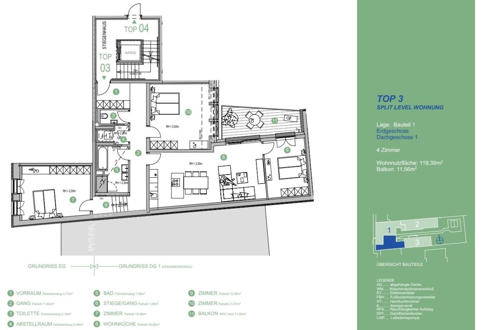 Grundriss Top 3 — Gallgasse 17 — 4 Zimmer — 119 m² — 1st attic floor