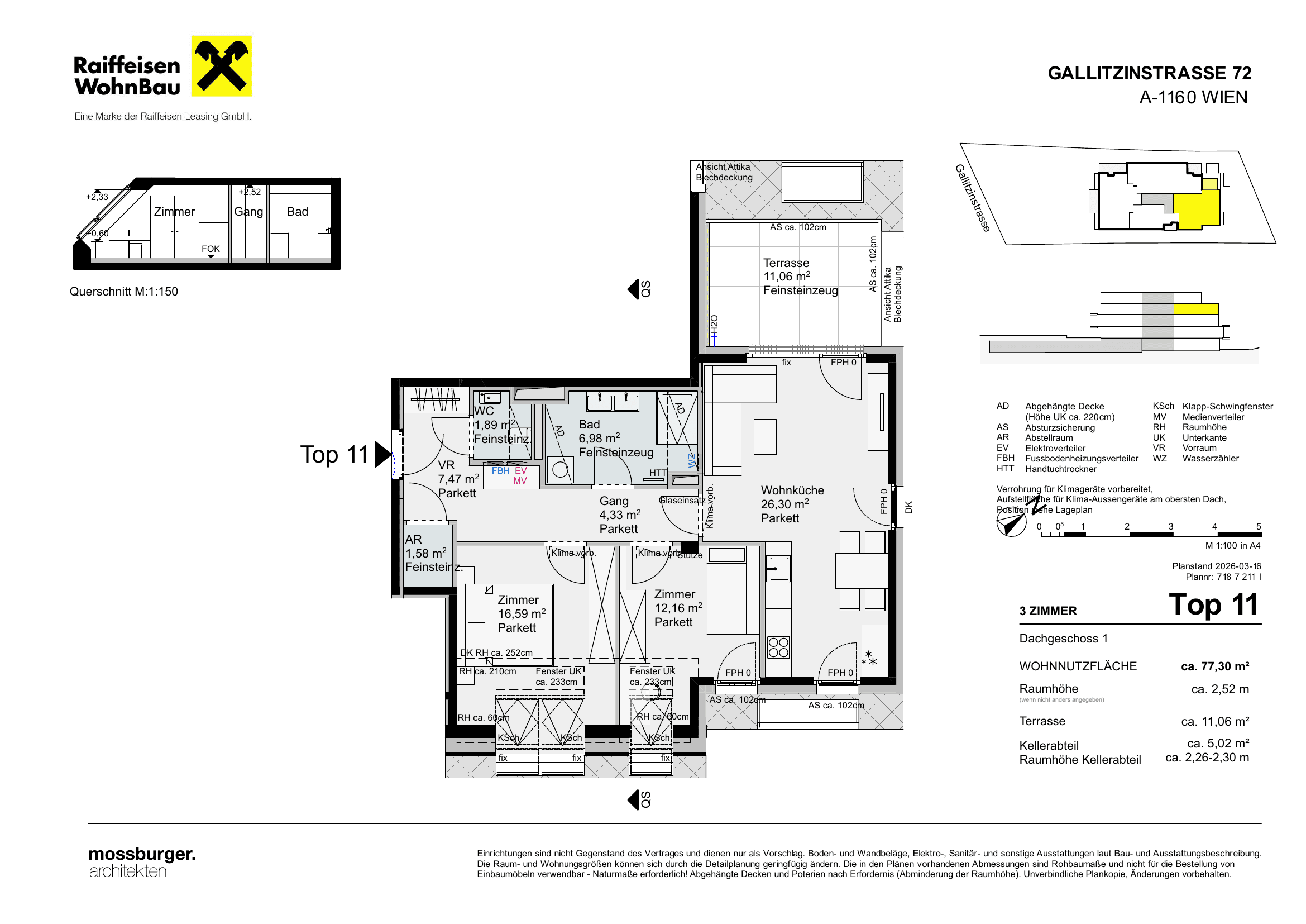 Grundriss Top 11 — Gallitzinstraße 72 — 3 Zimmer — 77,3 m² — 1st attic floor