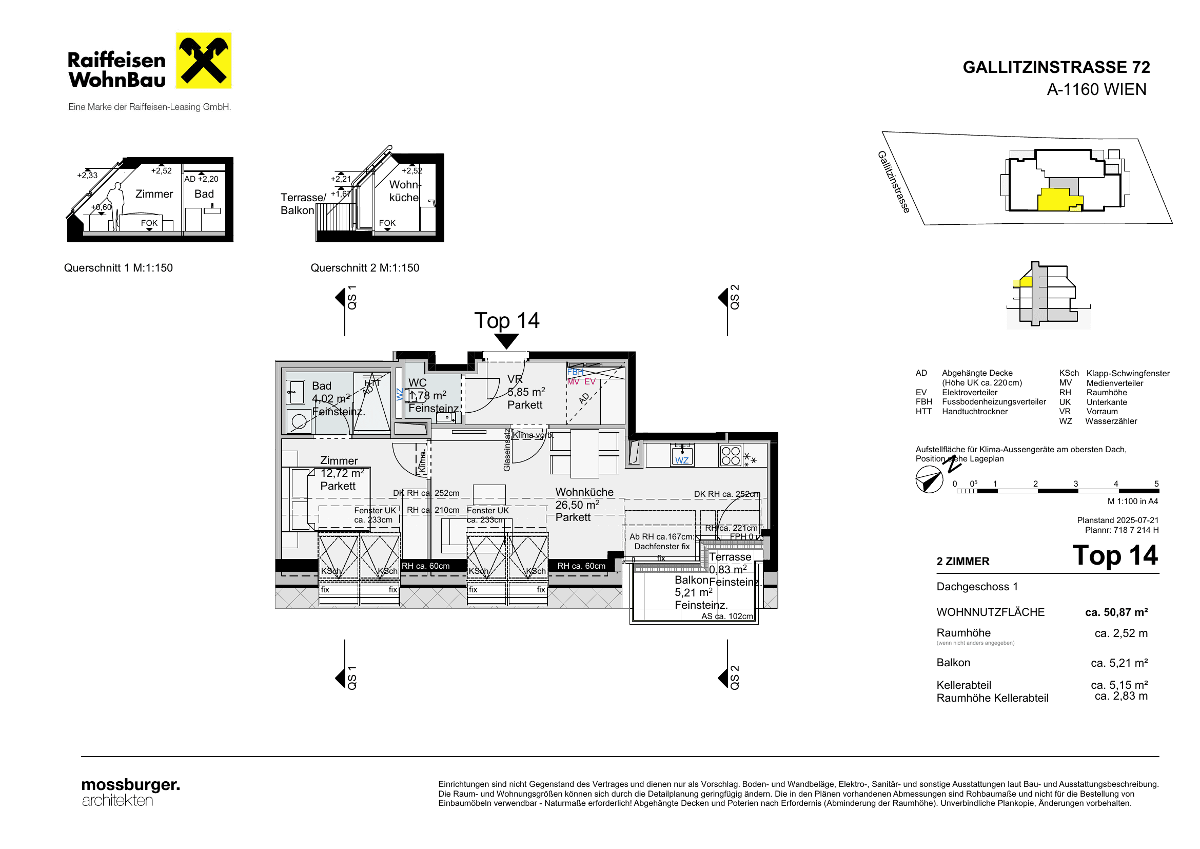 Grundriss Top 14 — Gallitzinstraße 72 — 2 Zimmer — 50,9 m² — 1st attic floor