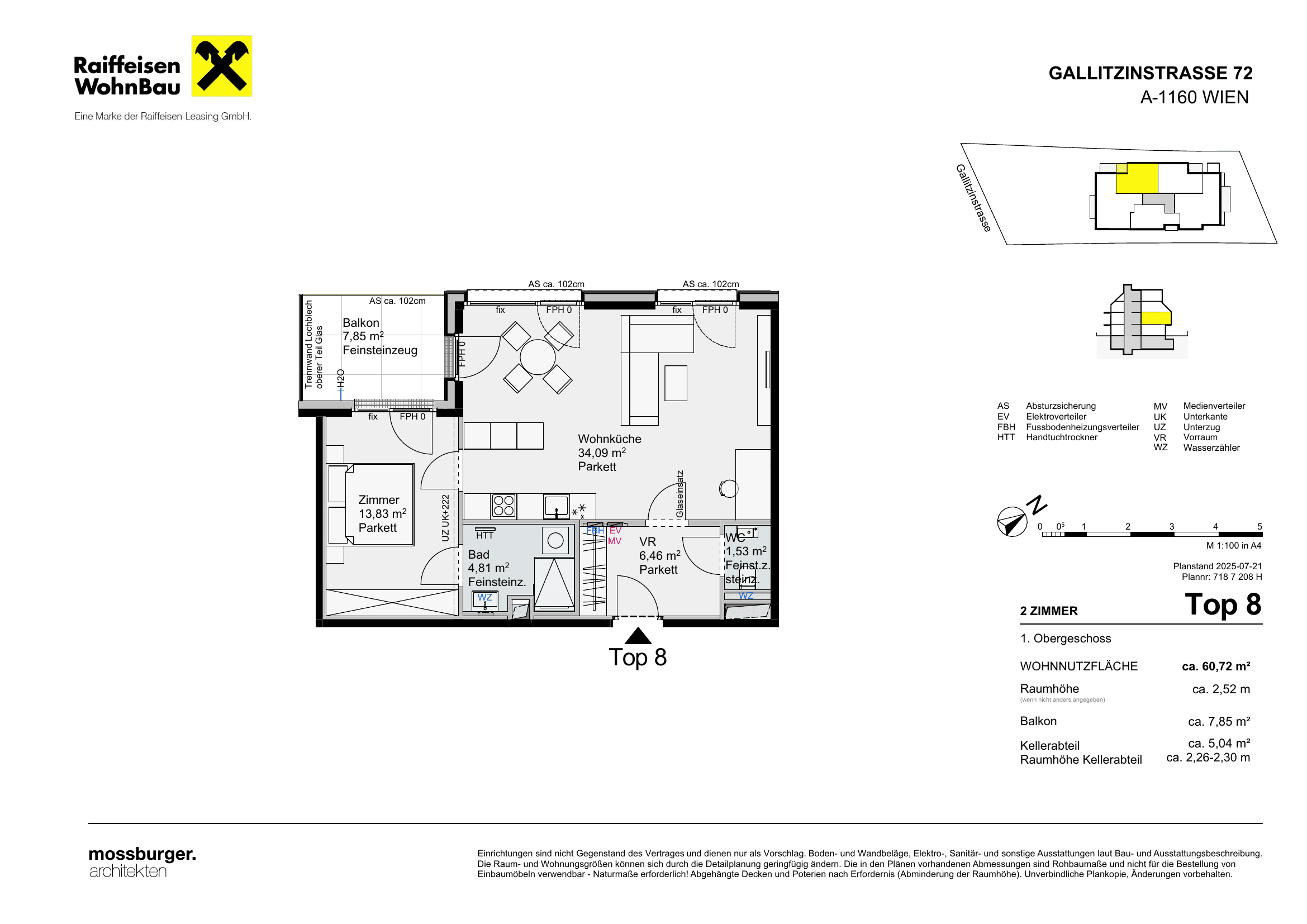 Grundriss Top 8 — Gallitzinstraße 72 — 2 Zimmer — 60,8 m² — 1st floor