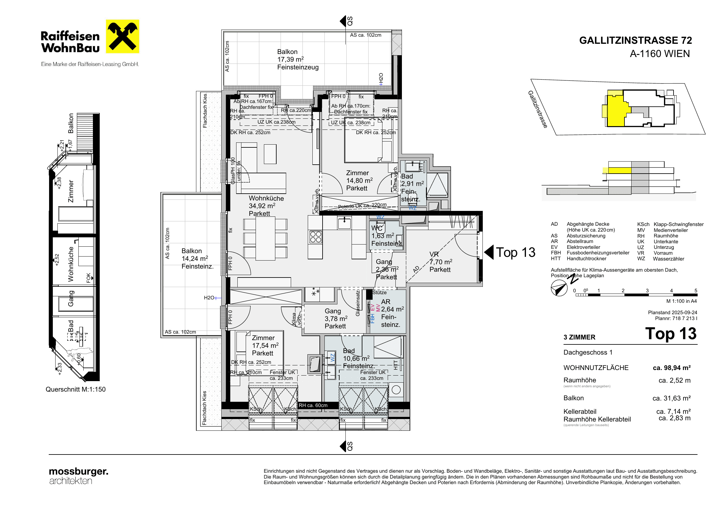 Grundriss Top 13 — Gallitzinstraße 72 — 3 Zimmer — 99 m² — 1st attic floor
