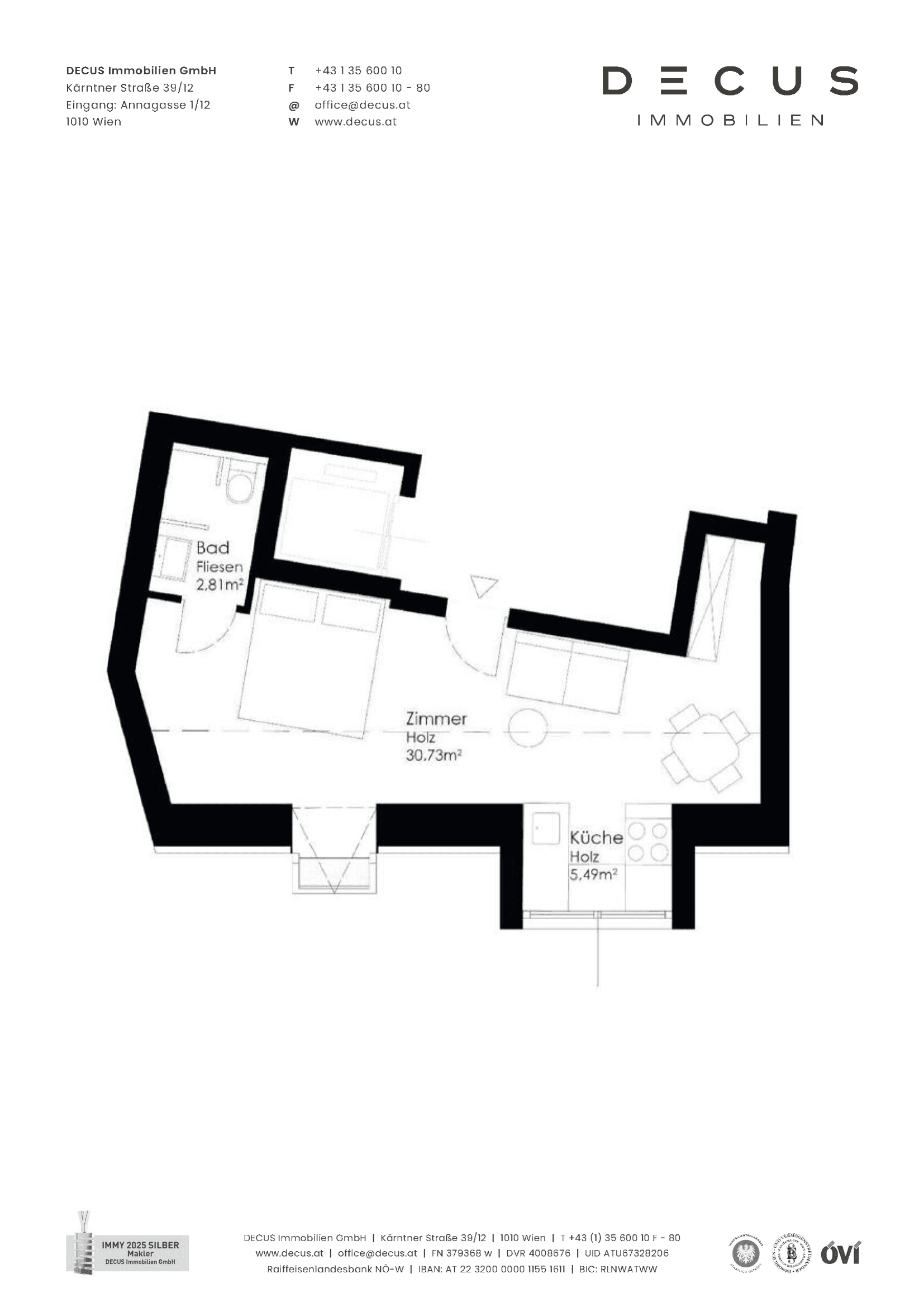 Grundriss Top 8 (Anlegerwohnung) — Gartenheimstraße 17 — 1 Zimmer — 39 m² — Attic floor