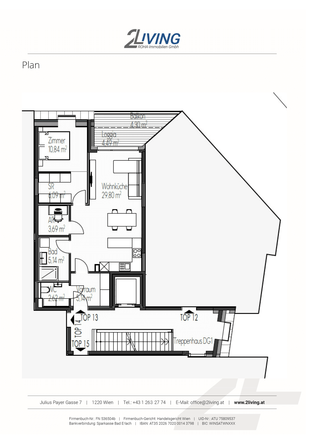 Grundriss Top 13 — Gartentraum — 2 Zimmer — 63,3 m² — 1st attic floor — Grünblick — Grundriss 1/2