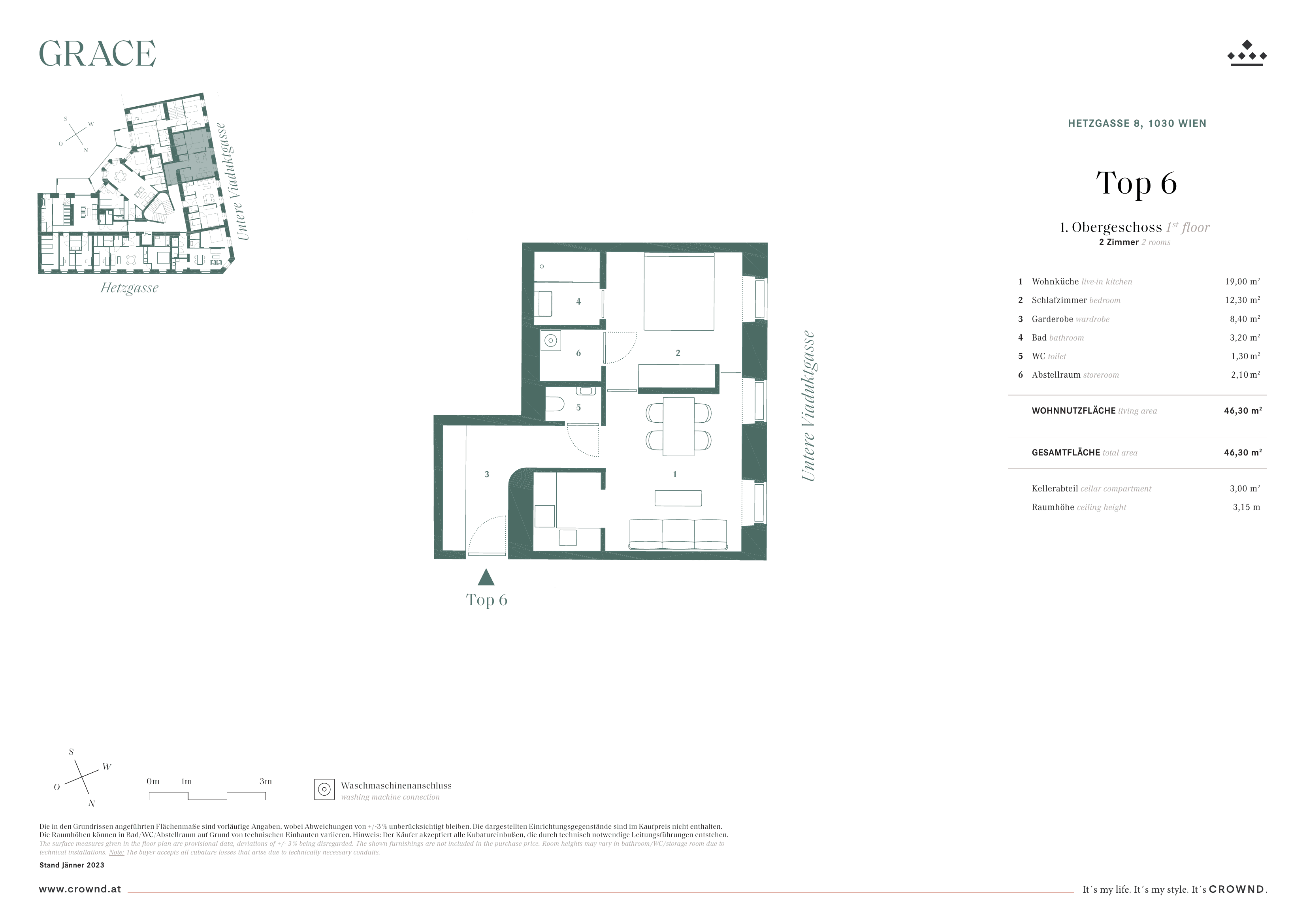 Grundriss Top 6 — Grace — 2 Zimmer — 46,3 m² — 1st floor