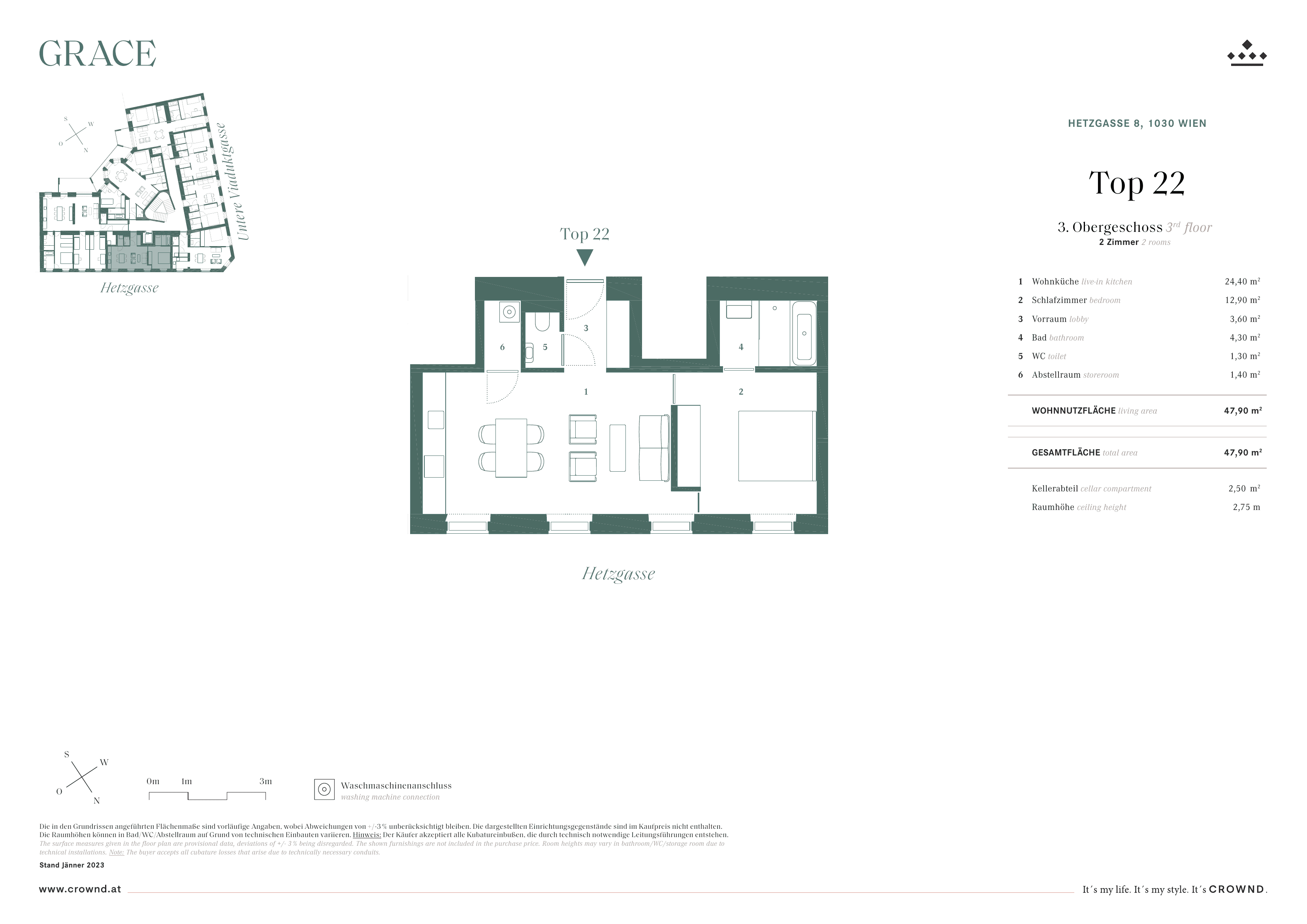 Grundriss Top 22 — Grace — 2 Zimmer — 47,9 m² — Attic floor