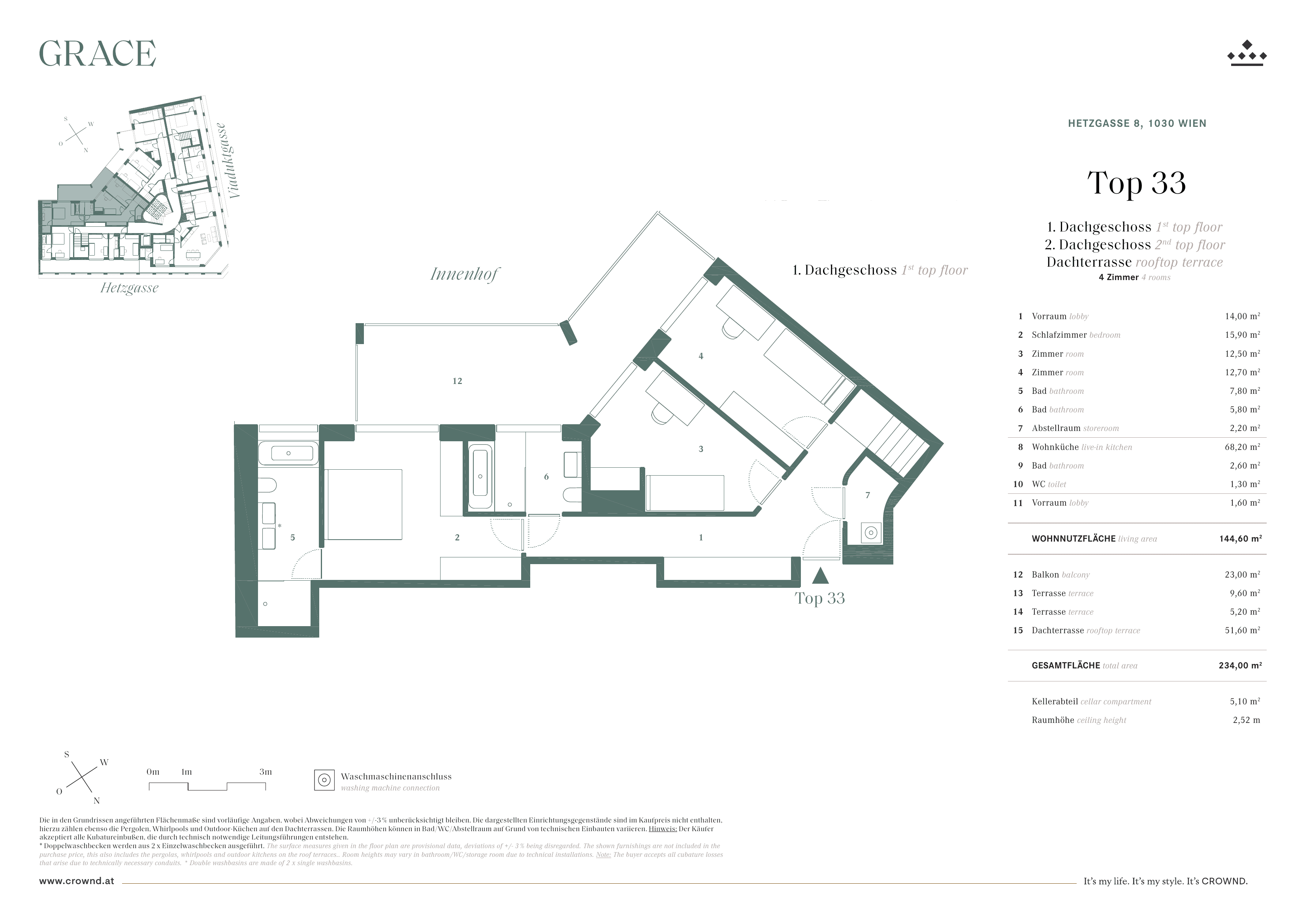 Grundriss Top 33 — Grace — 4 Zimmer — 142,9 m² — 1st attic floor / 2nd attic floor — Grundriss 1/3