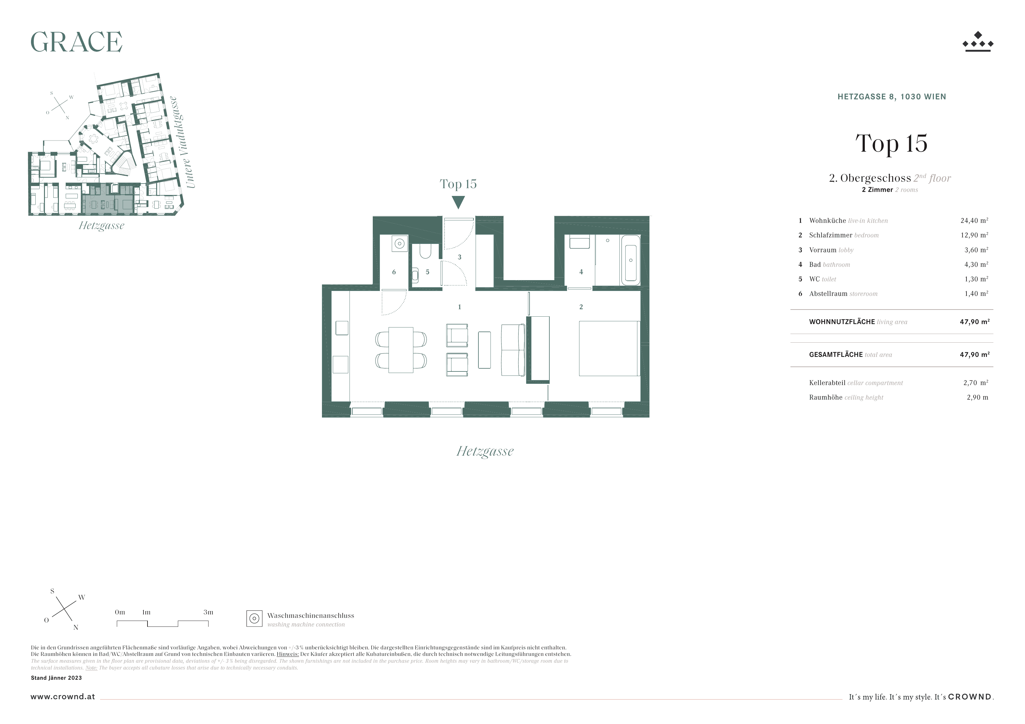 Grundriss Top 15 — Grace — 2 Zimmer — 47,9 m² — 3rd floor