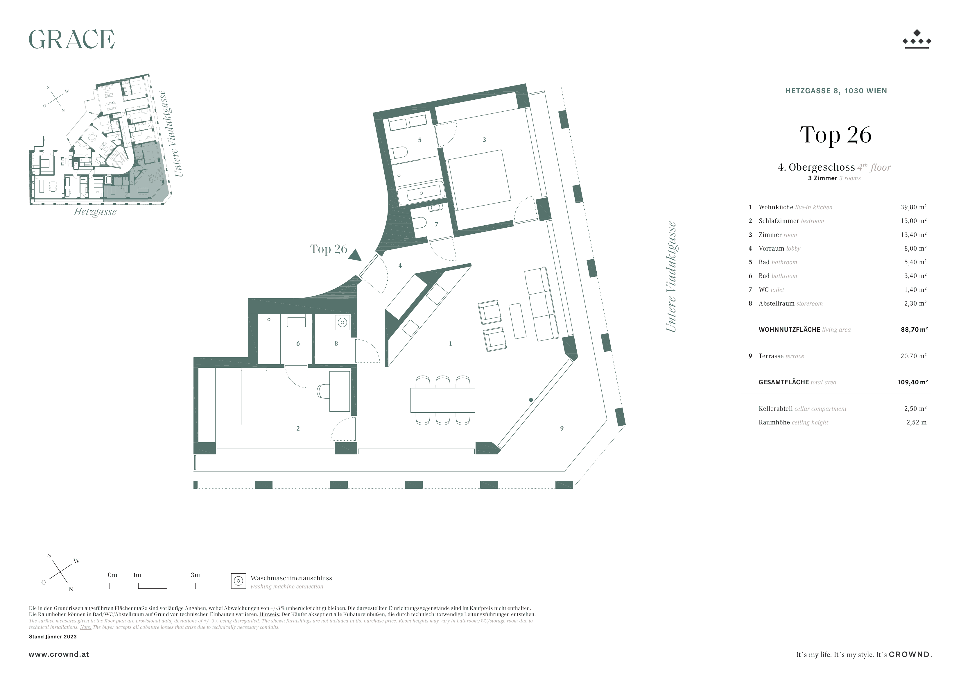 Grundriss Top 26 — Grace — 3 Zimmer — 88,7 m² — 4th floor
