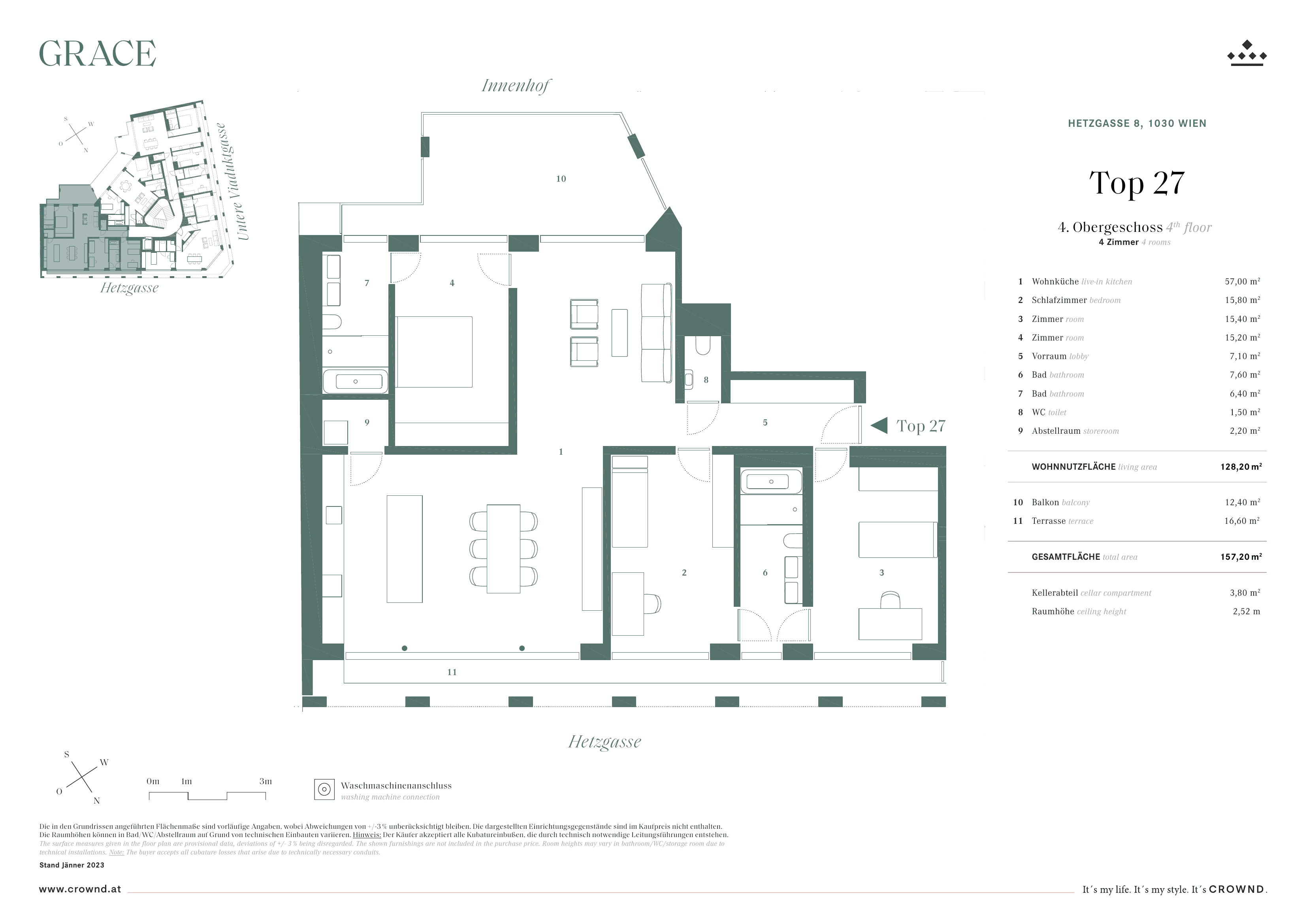 Grundriss Top 27 — Grace — 4 Zimmer — 128,2 m² — 4th floor
