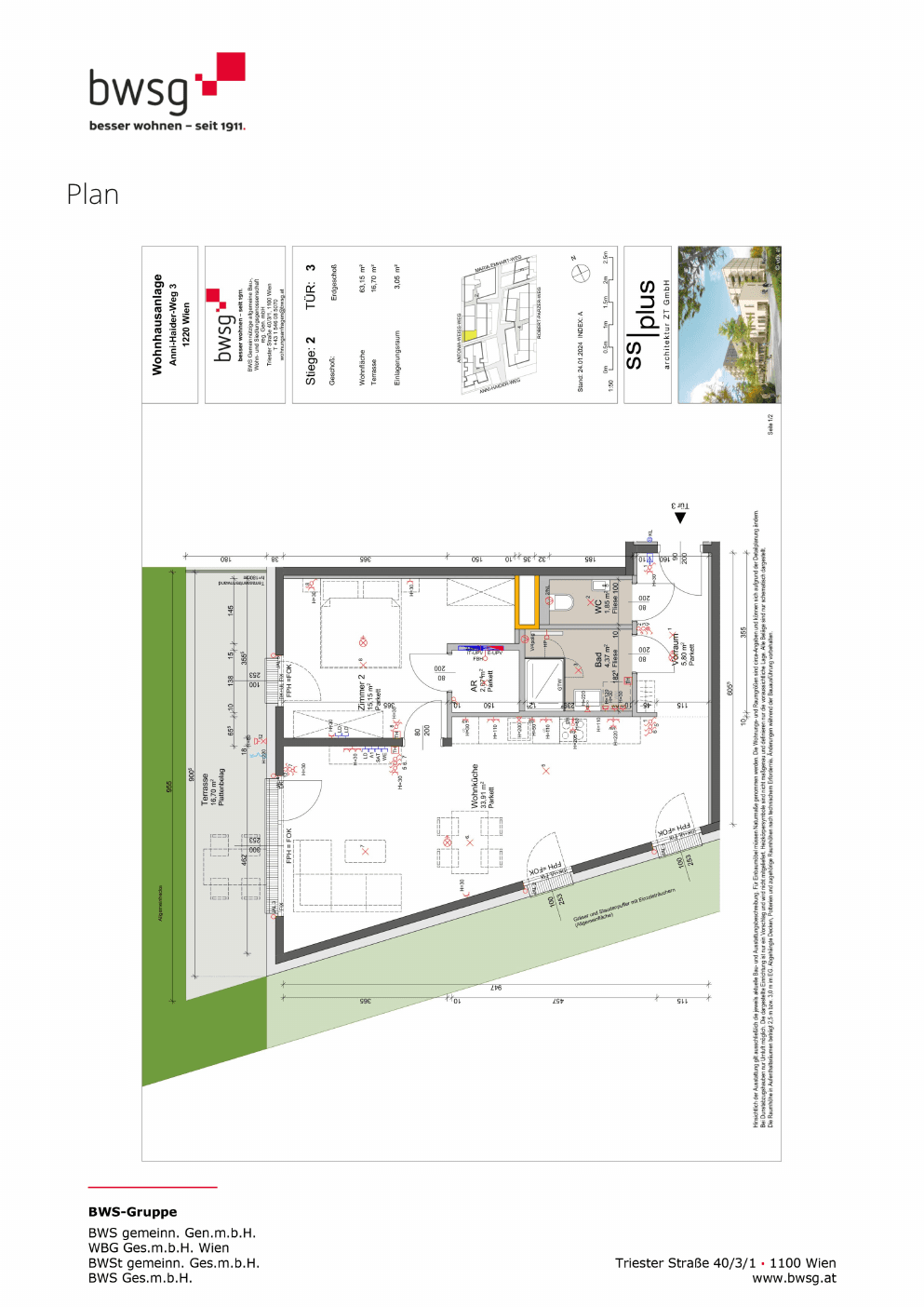 Grundriss Stiege 2 Top 3 — Gretls Garten – Wohnen beim Badeteich Hirschstetten — 2 Zimmer — 63,2 m² — Ground floor
