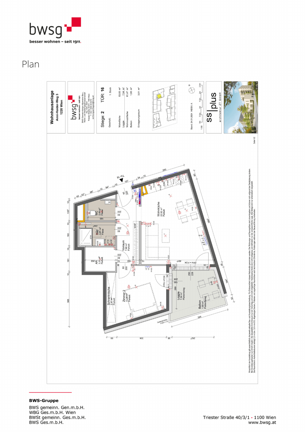 Grundriss Stiege 2 Top 16 — Gretls Garten – Wohnen beim Badeteich Hirschstetten — 2 Zimmer — 53,9 m² — 1st floor