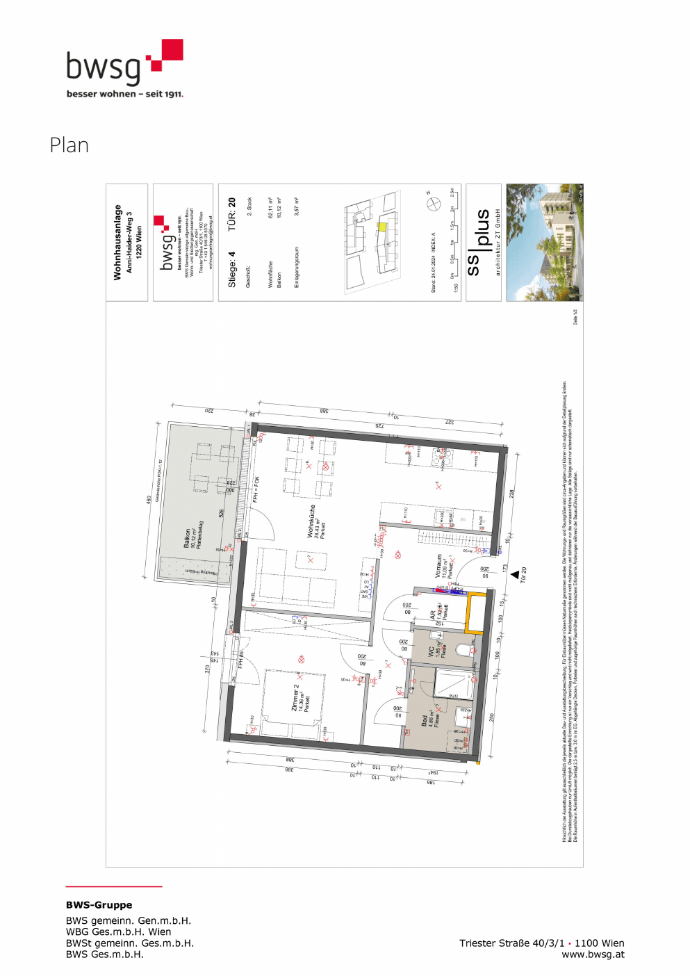 Grundriss Stiege 4 Top 20 — Gretls Garten – Wohnen beim Badeteich Hirschstetten — 2 Zimmer — 62,1 m² — 2nd floor