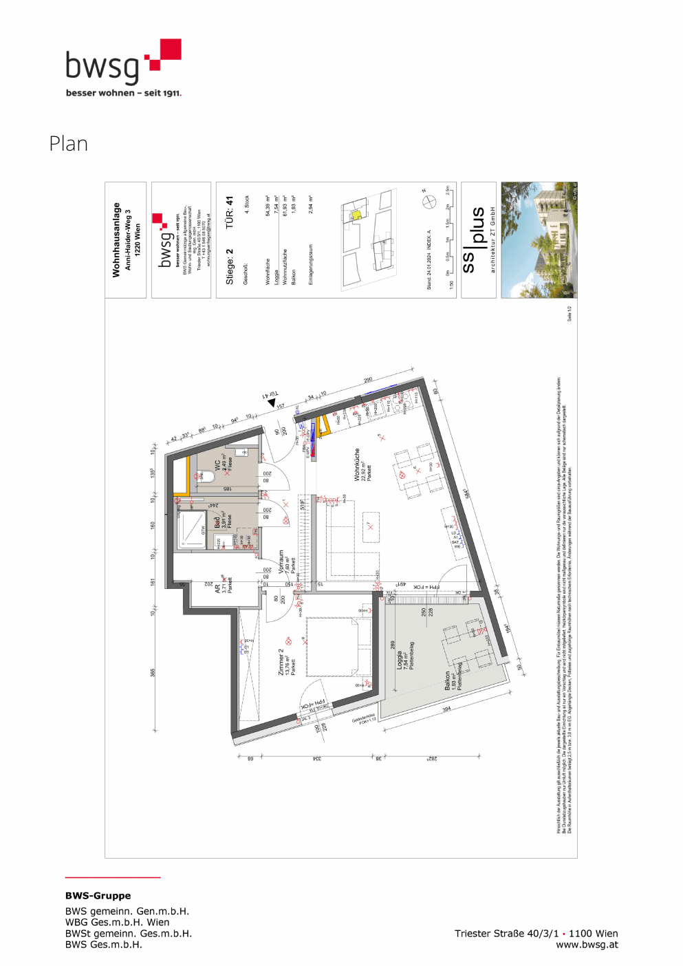 Grundriss Stiege 2 Top 41 — Gretls Garten – Wohnen beim Badeteich Hirschstetten — 2 Zimmer — 54,4 m² — 3rd floor