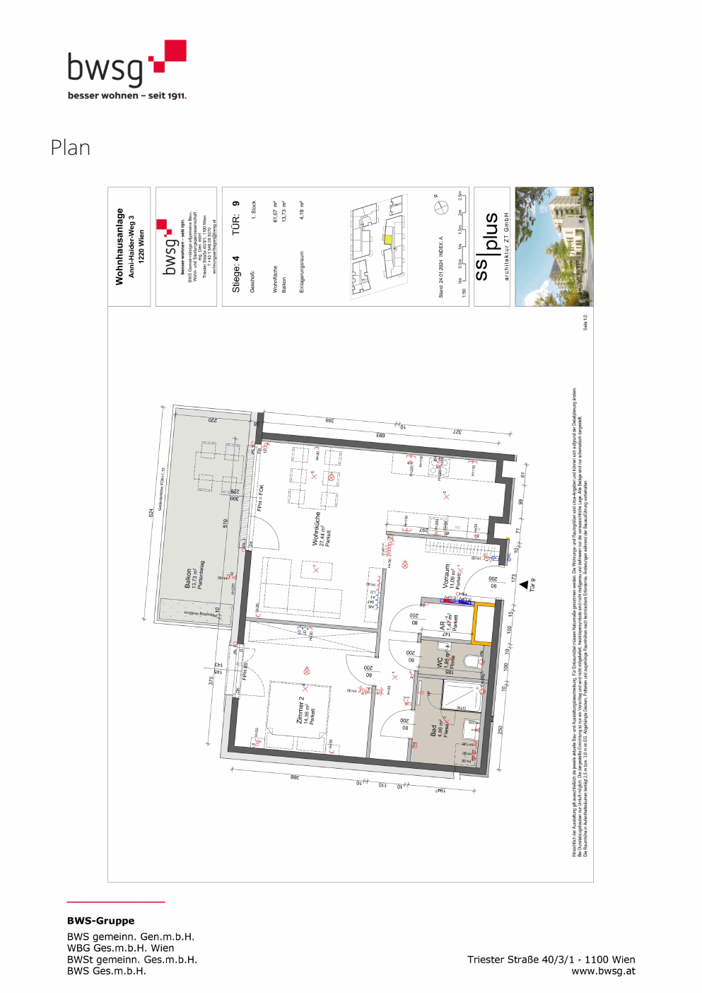 Grundriss Stiege 4 Top 9 — Gretls Garten – Wohnen beim Badeteich Hirschstetten — 2 Zimmer — 61,1 m² — 1st floor