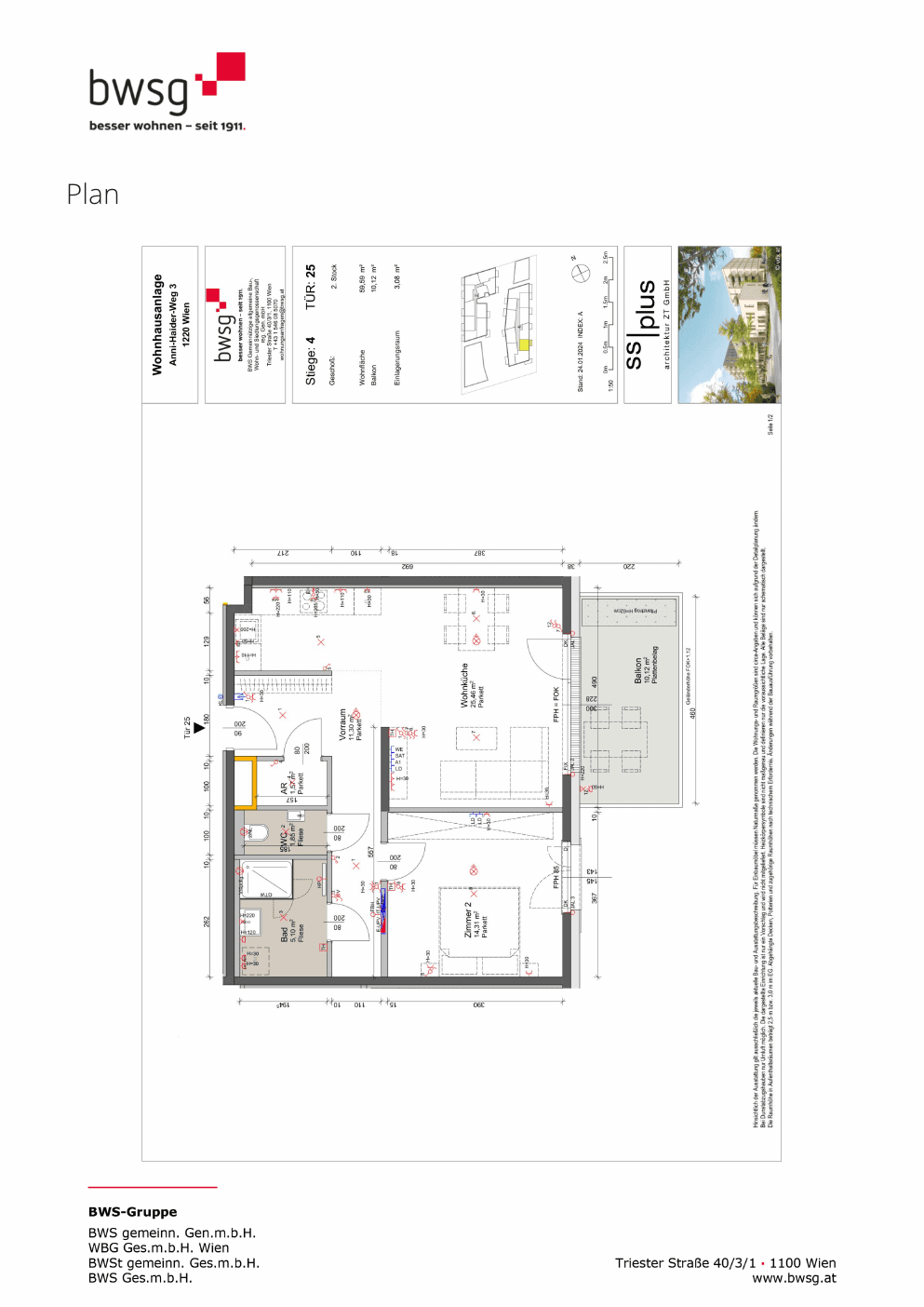 Grundriss Stiege 4 Top 25 — Gretls Garten – Wohnen beim Badeteich Hirschstetten — 2 Zimmer — 59,6 m² — 2nd floor
