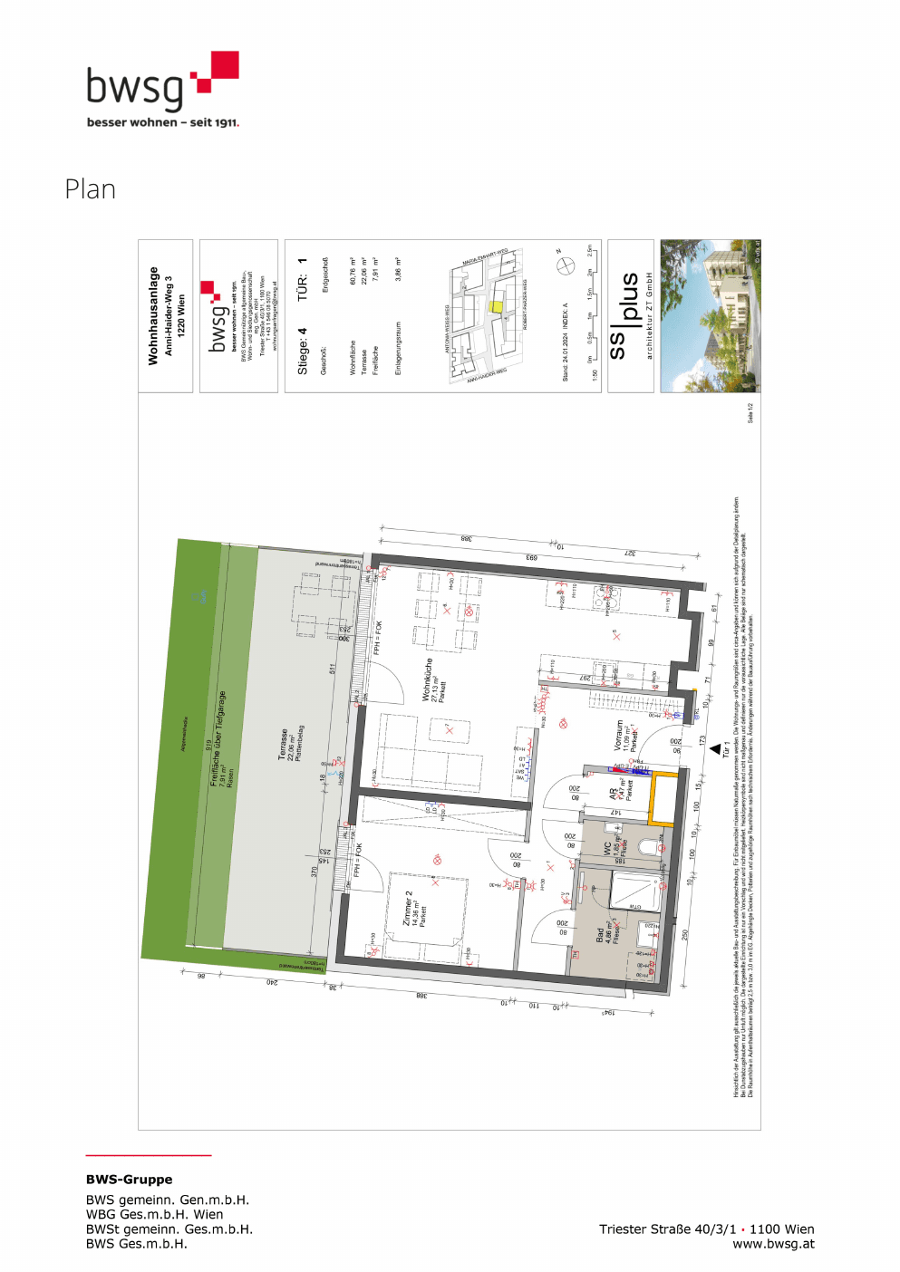 Grundriss Stiege 4 Top 1 — Gretls Garten – Wohnen beim Badeteich Hirschstetten — 2 Zimmer — 60,8 m² — Ground floor