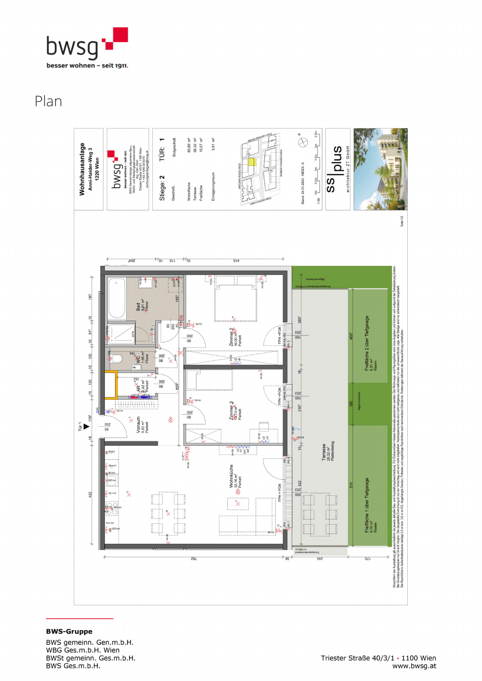 Grundriss Stiege 2 Top 1 — Gretls Garten – Wohnen beim Badeteich Hirschstetten — 3 Zimmer — 82,7 m² — Ground floor