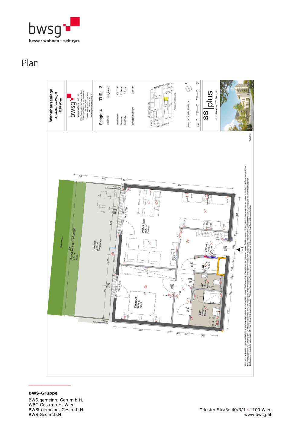 Grundriss Stiege 4 Top 2 — Gretls Garten – Wohnen beim Badeteich Hirschstetten — 2 Zimmer — 62,1 m² — Ground floor