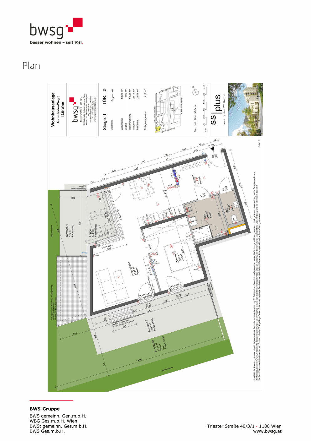 Grundriss Stiege 1 Top 2 — Gretls Garten – Wohnen beim Badeteich Hirschstetten — 2 Zimmer — 60,2 m² — Ground floor