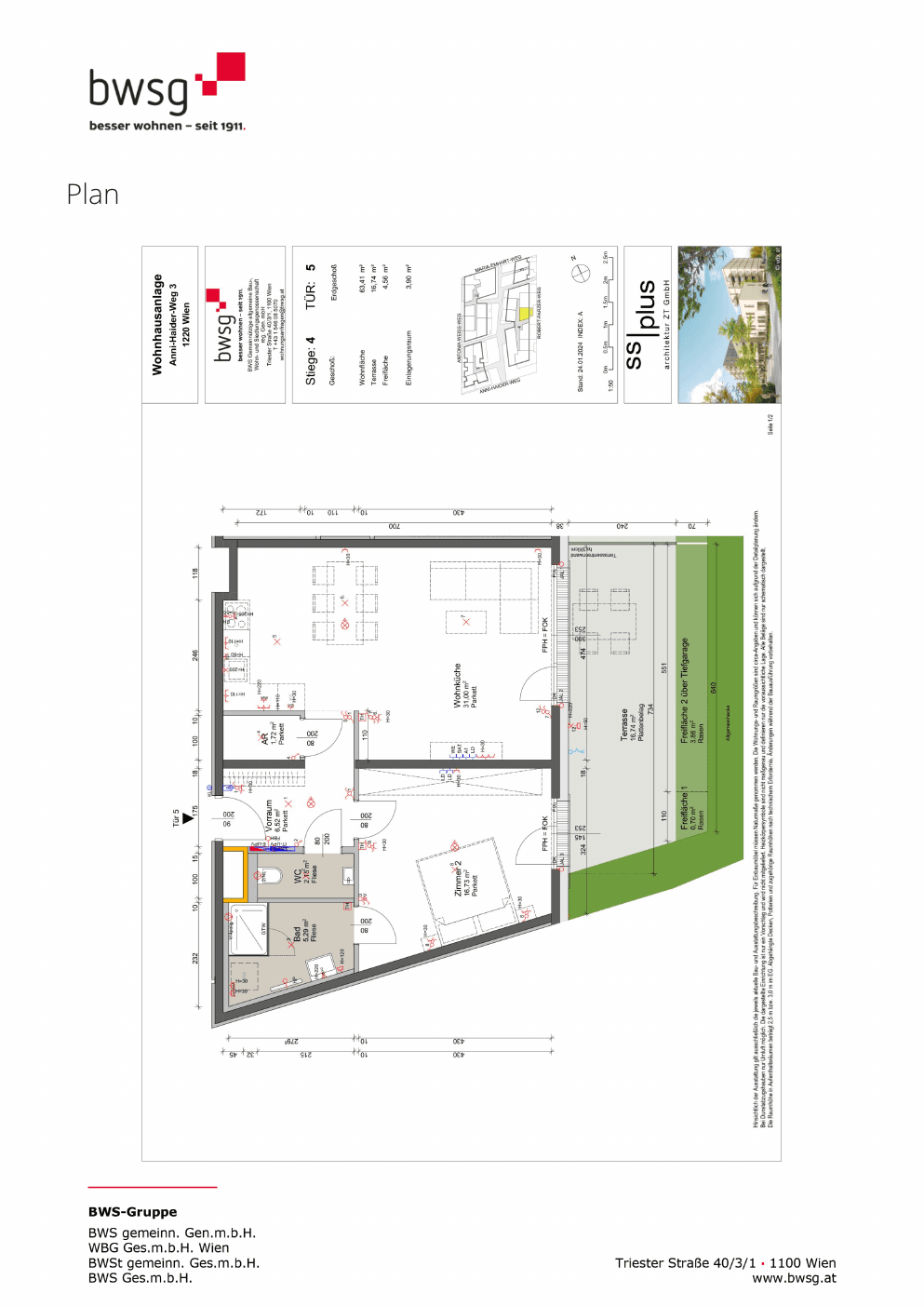 Grundriss Stiege 4 Top 5 — Gretls Garten – Wohnen beim Badeteich Hirschstetten — 2 Zimmer — 63,4 m² — Ground floor