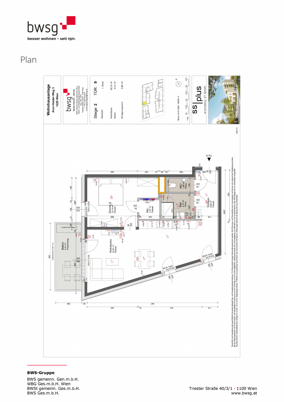 Grundriss Stiege 2 Top 9 — Gretls Garten – Wohnen beim Badeteich Hirschstetten — 2 Zimmer — 63,2 m² — 1st floor
