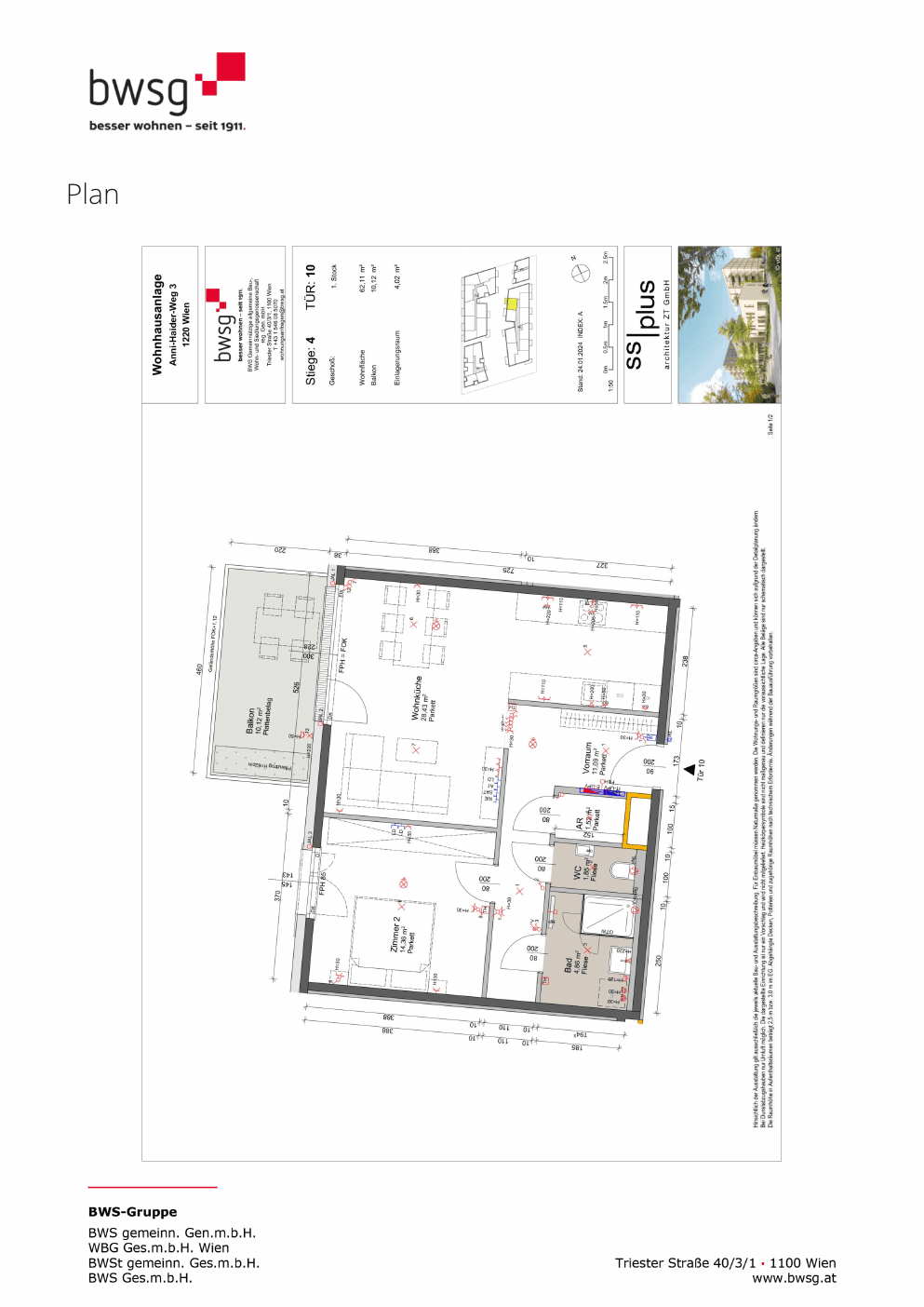 Grundriss Stiege 4 Top 10 — Gretls Garten – Wohnen beim Badeteich Hirschstetten — 2 Zimmer — 62,1 m² — 1st floor