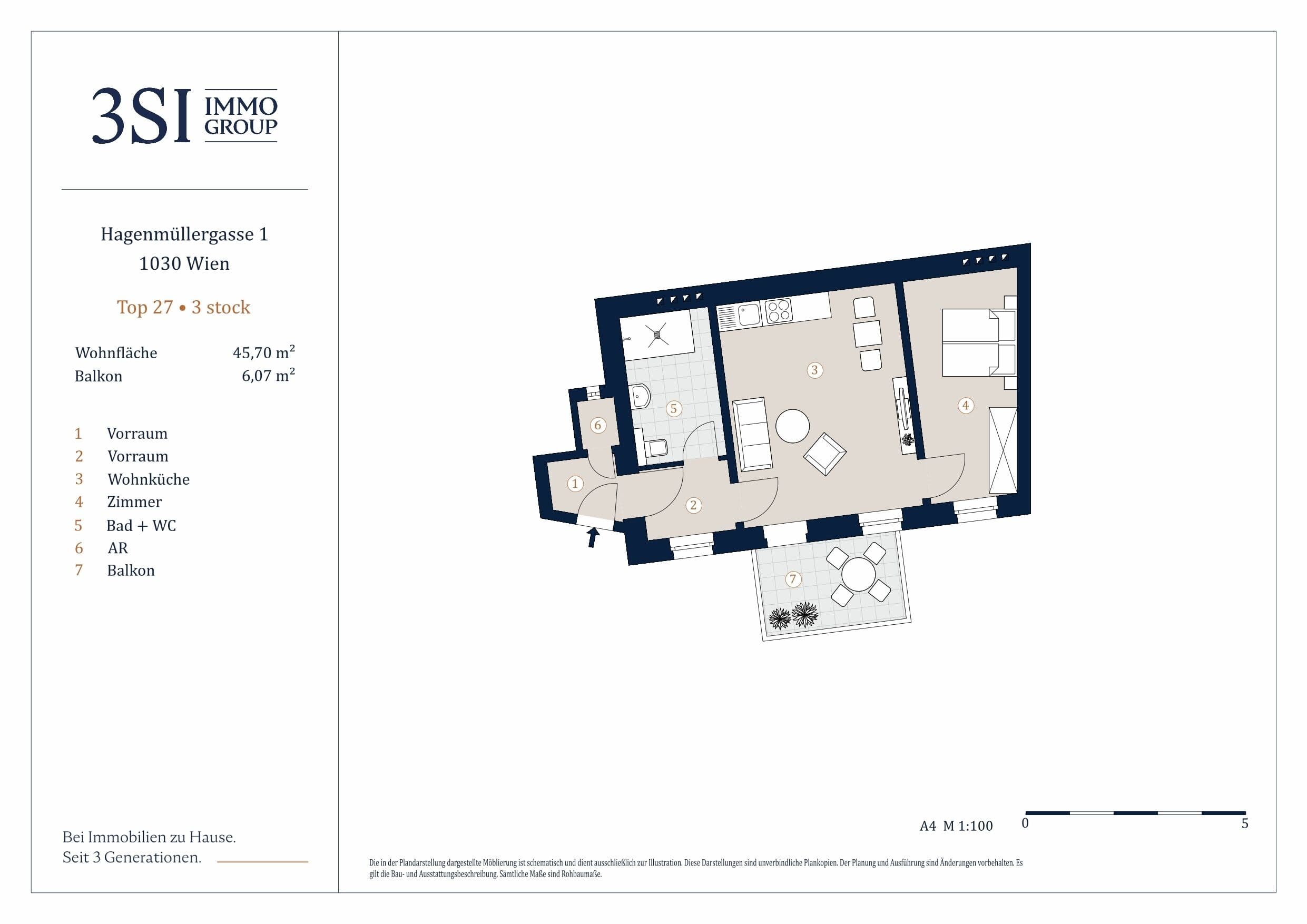 Grundriss 27 — Hagenmüllergasse 1 — 2 Zimmer — 45,7 m² — 3rd floor