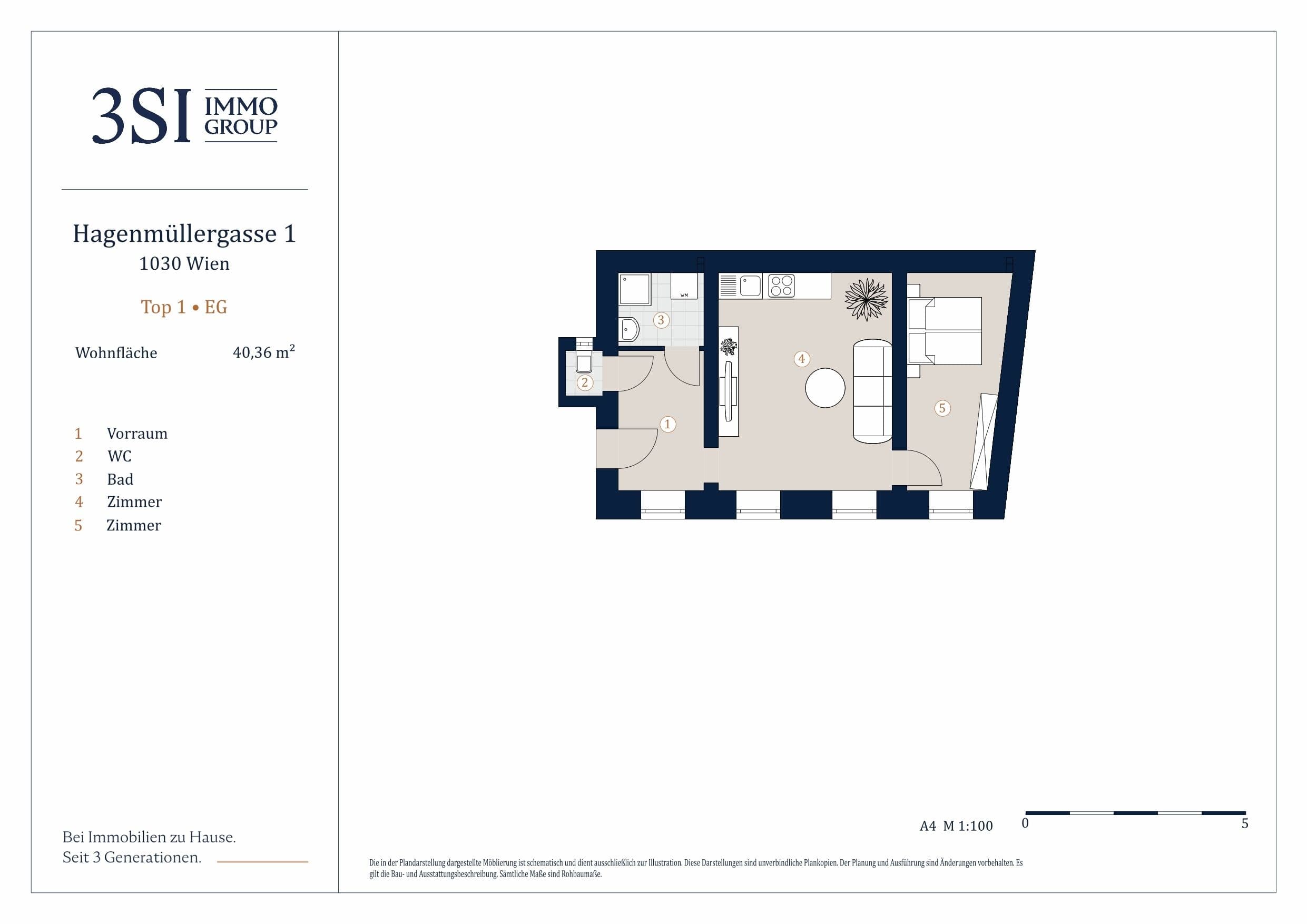 Grundriss 1 — Hagenmüllergasse 1 — 2 Zimmer — 40,4 m² — Ground floor