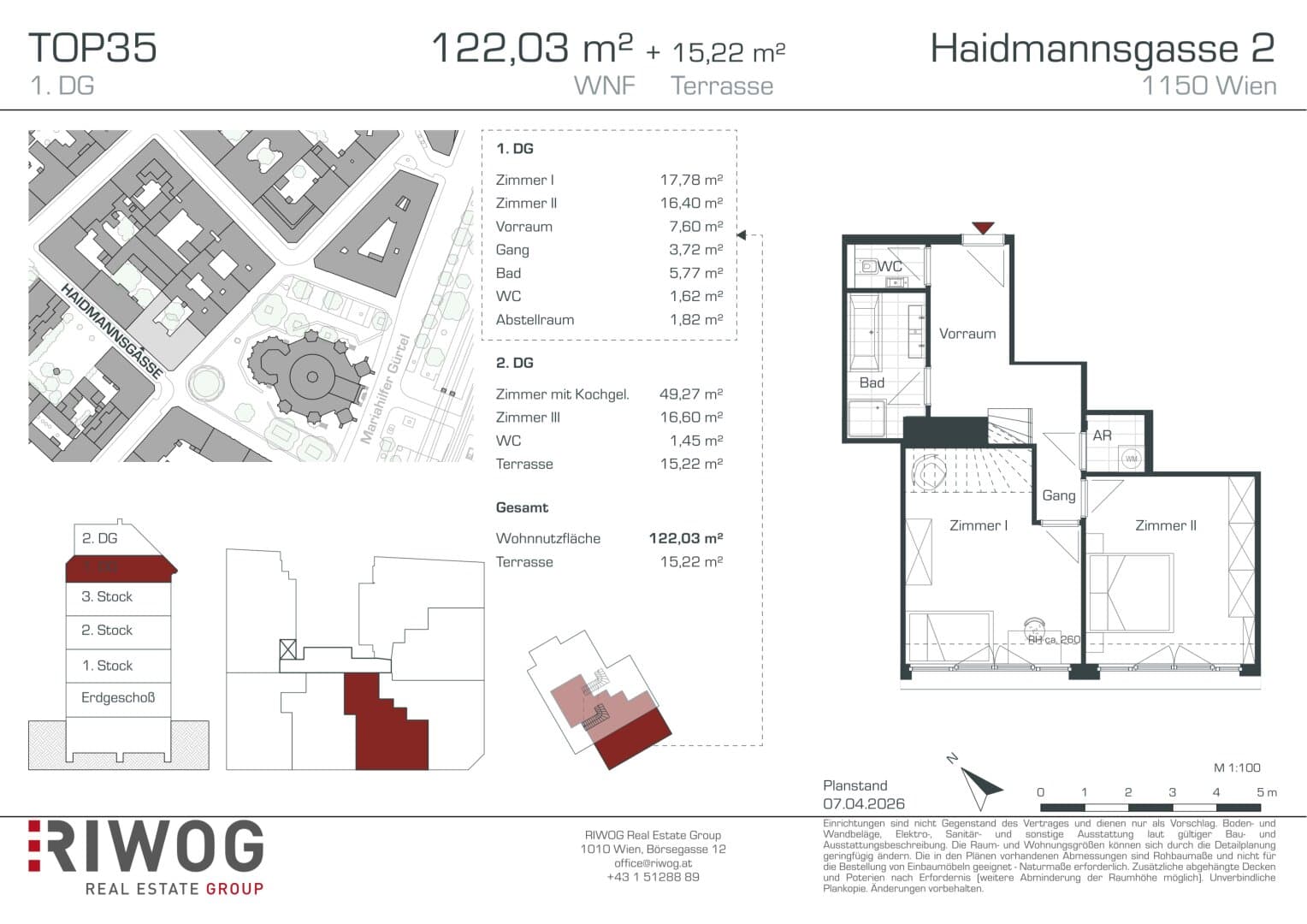 Grundriss Top 35 — Haidmannsgasse 2 — 4 Zimmer — 122 m² — 1st attic floor / 2nd attic floor — nordostseitig (Innenhofterrasse) — Grundriss 1/2