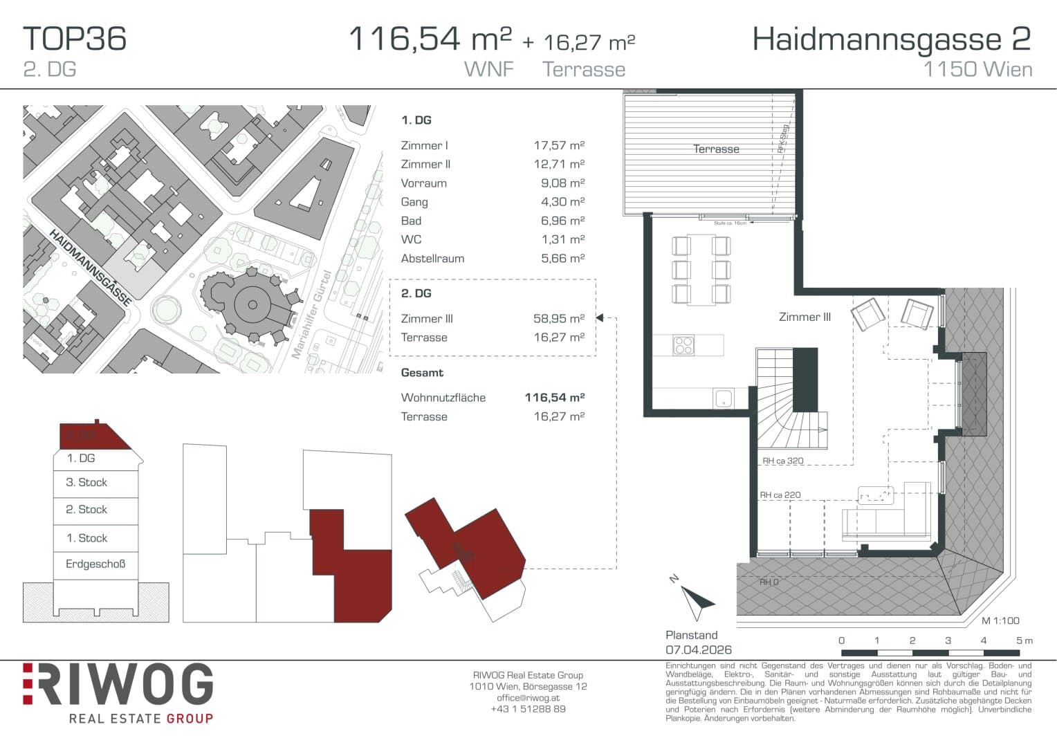 Grundriss Top 36 — Haidmannsgasse 2 — 3 Zimmer — 117 m² — 1st attic floor / 2nd attic floor — Nordwestbalkon — Grundriss 2/2