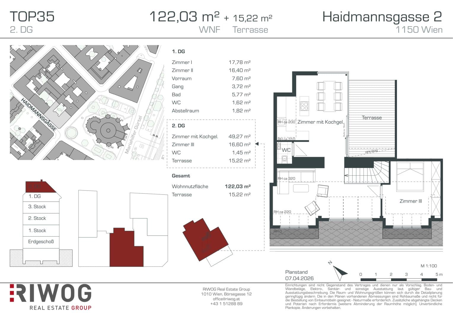 Grundriss Top 35 — Haidmannsgasse 2 — 4 Zimmer — 122 m² — 1st attic floor / 2nd attic floor — nordostseitig (Innenhofterrasse) — Grundriss 2/2