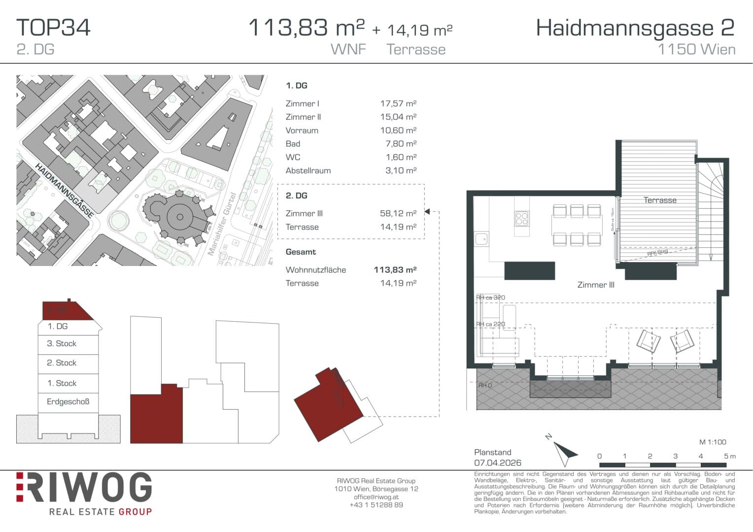 Grundriss Top 34 — Haidmannsgasse 2 — 3 Zimmer — 114 m² — 1st attic floor — nordostseitig (Innenhofterrasse) — Grundriss 2/2