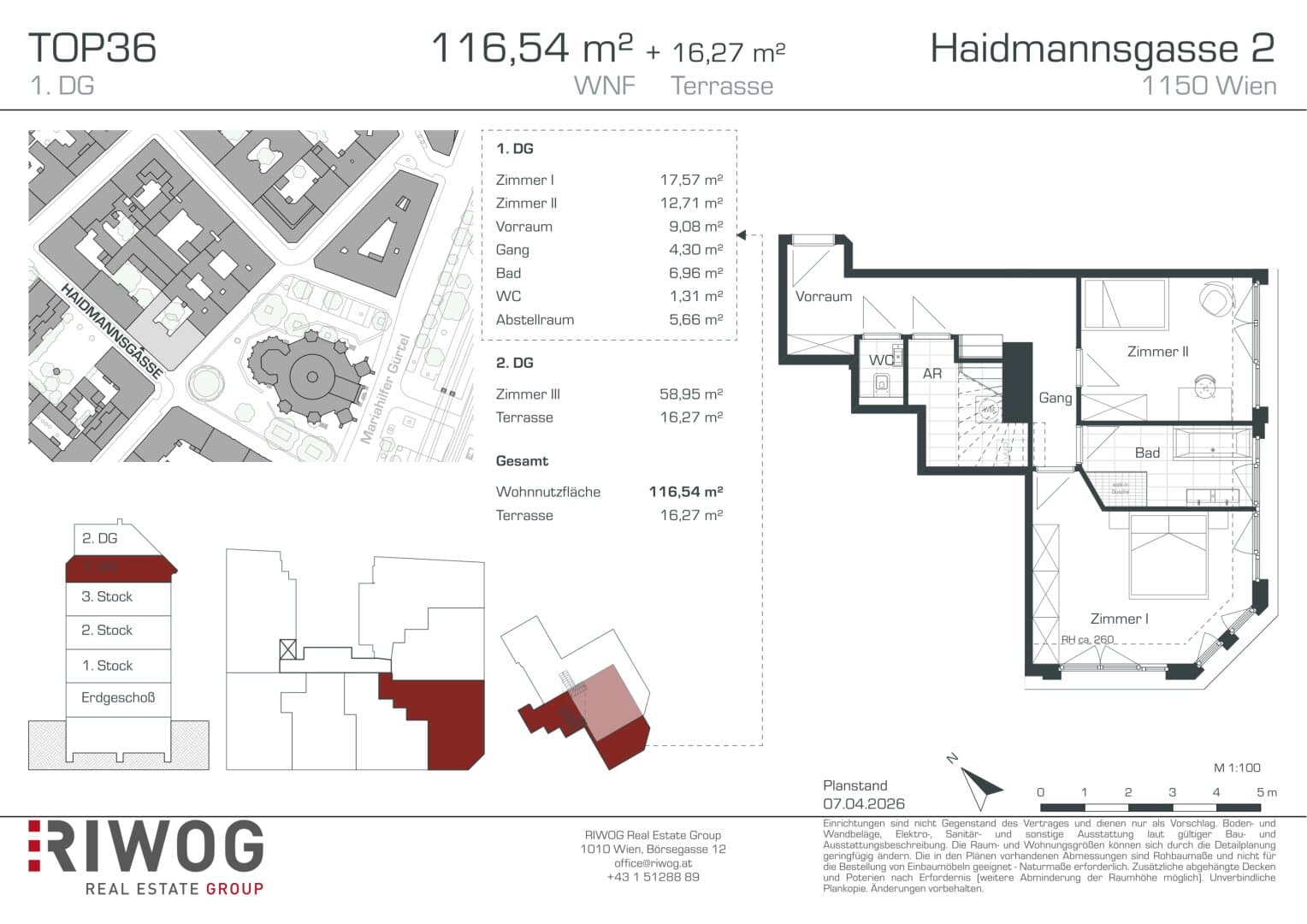 Grundriss Top 36 — Haidmannsgasse 2 — 3 Zimmer — 117 m² — 1st attic floor / 2nd attic floor — Nordwestbalkon — Grundriss 1/2