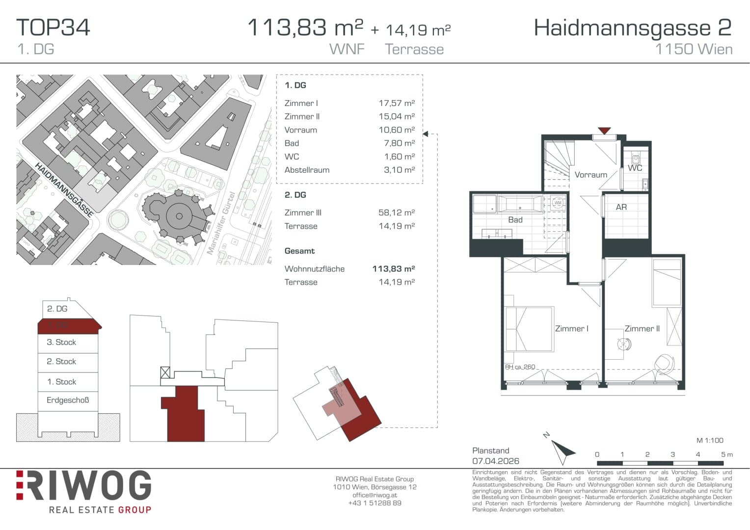 Grundriss Top 34 — Haidmannsgasse 2 — 3 Zimmer — 114 m² — 1st attic floor — nordostseitig (Innenhofterrasse) — Grundriss 1/2