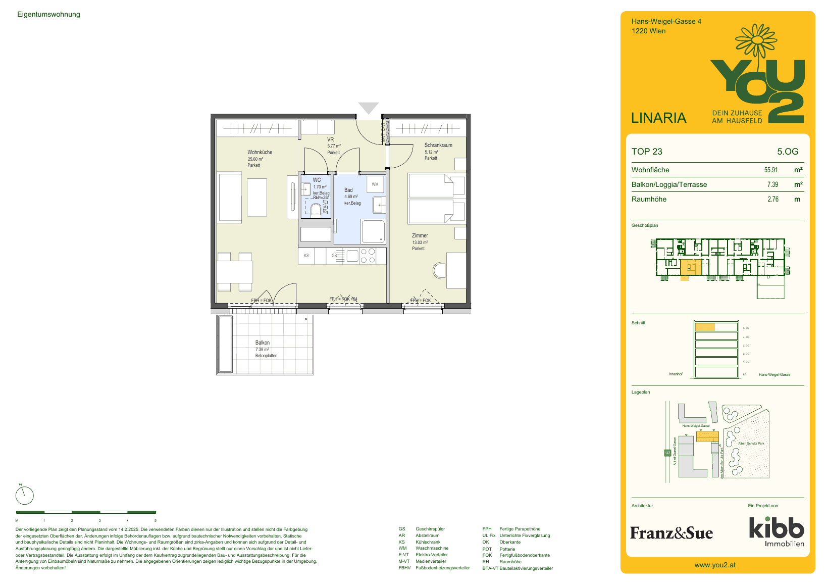 Grundriss Linaria 4 Top 23 — YOU2 - Dein Zuhause am Hausfeld — 2 Zimmer — 55,9 m² — 5th floor — south