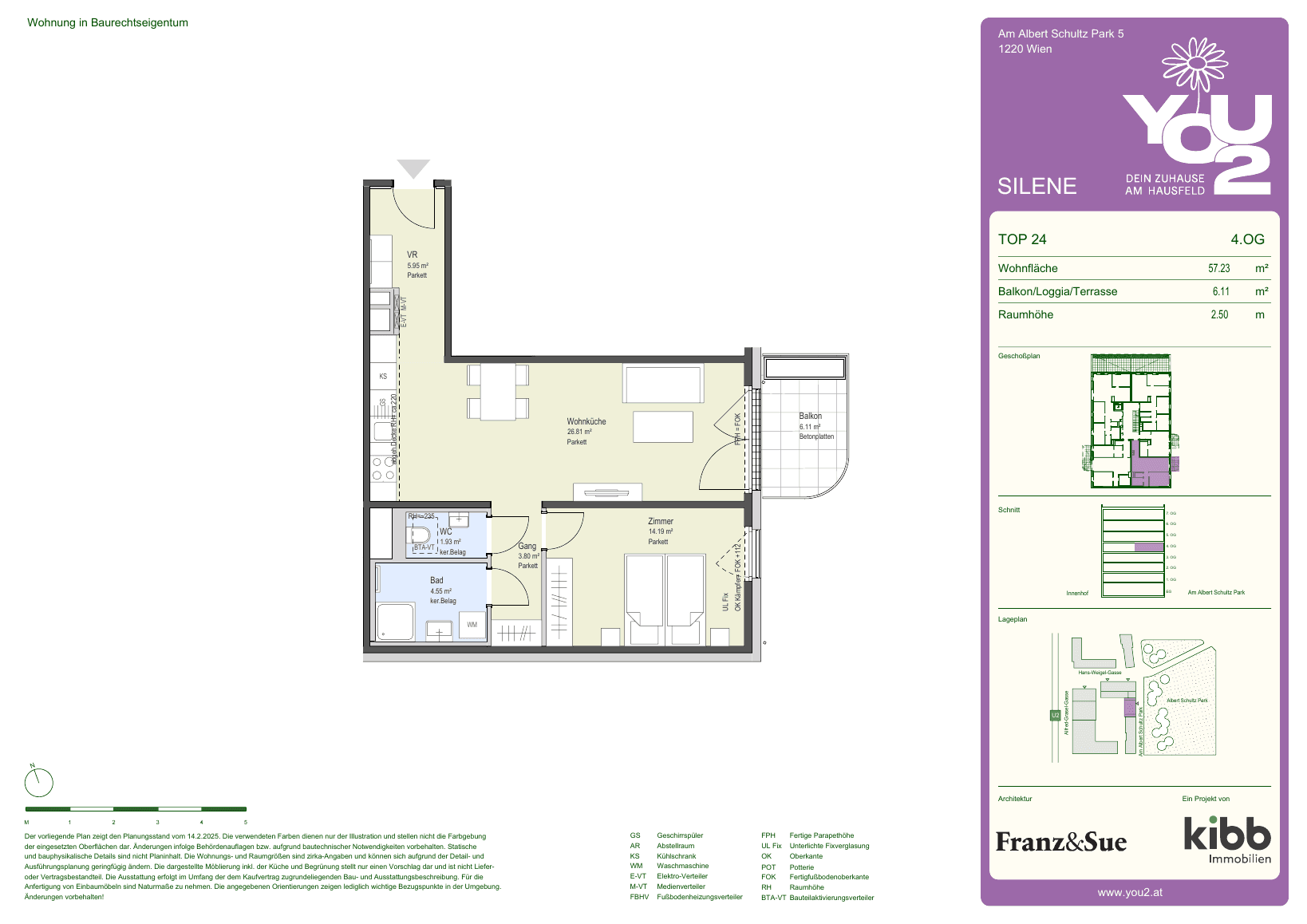 Grundriss Silene 5 Top 24 — YOU2 - Dein Zuhause am Hausfeld — 2 Zimmer — 57,2 m² — 4th floor — east
