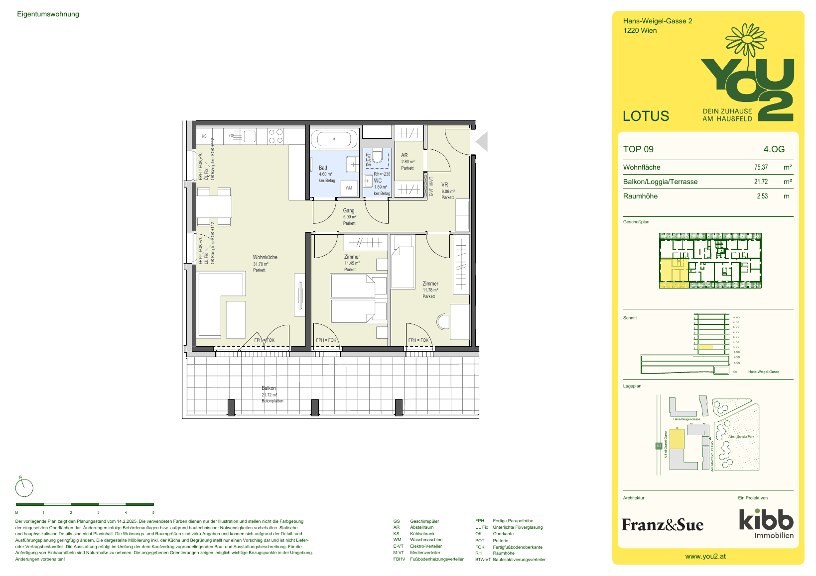 Grundriss Lotus 2 Top 9 — YOU2 - Dein Zuhause am Hausfeld — 3 Zimmer — 75,4 m² — 4th floor — south