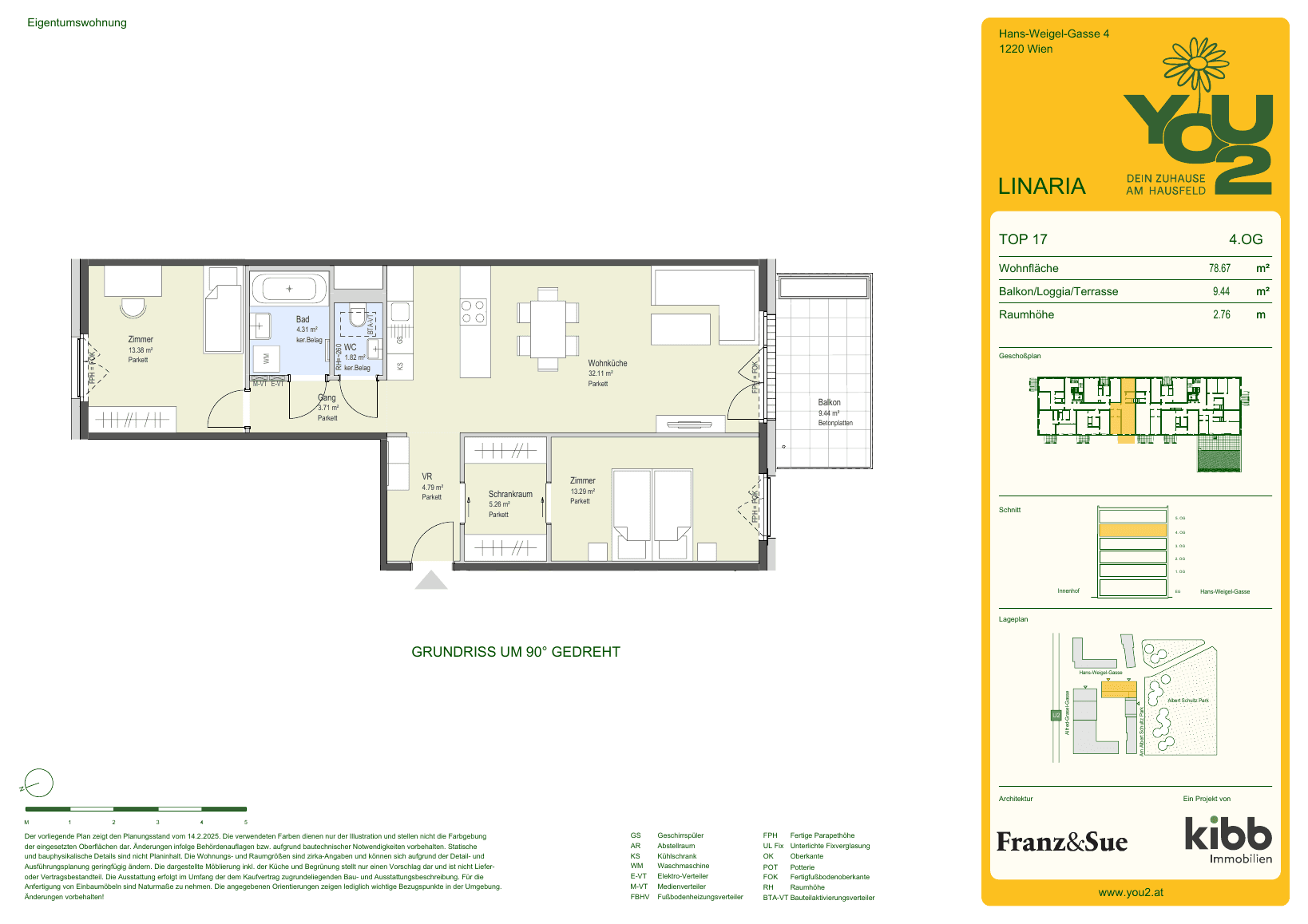 Grundriss Linaria 4 Top 17 — YOU2 - Dein Zuhause am Hausfeld — 3 Zimmer — 78,7 m² — 4th floor — south