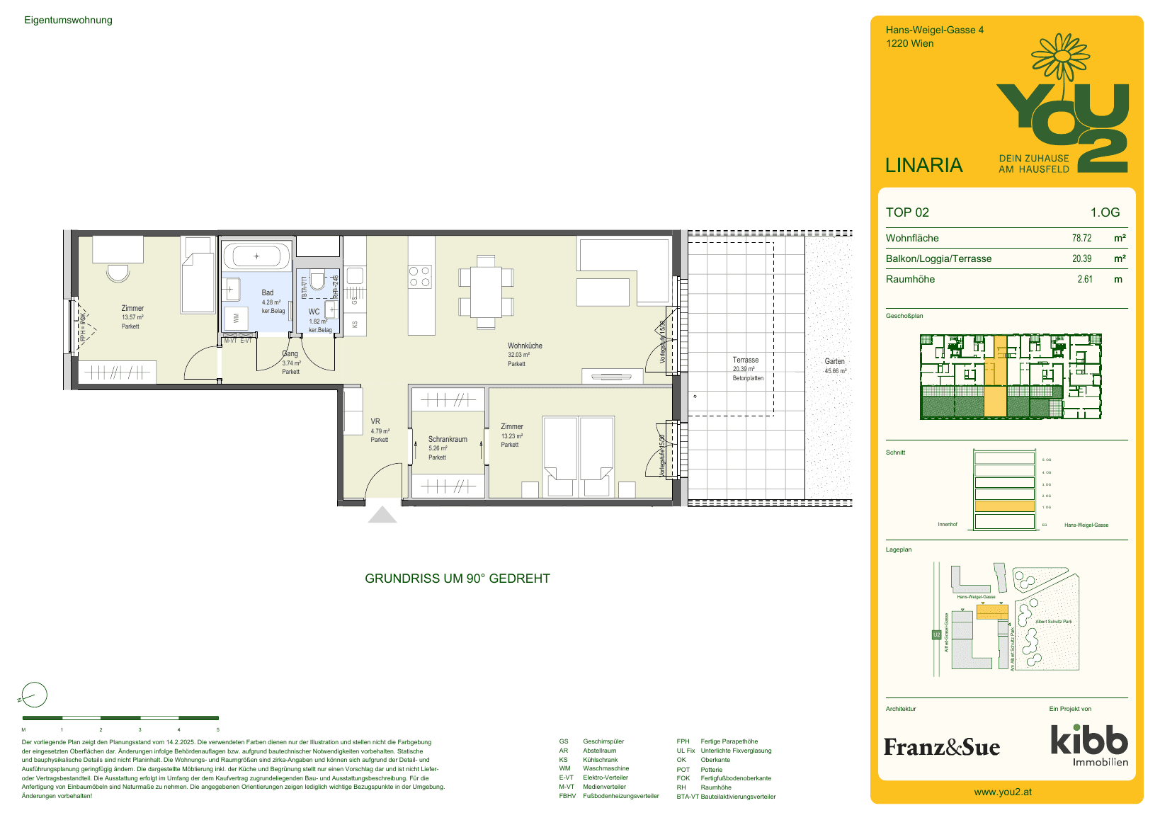 Grundriss Linaria 4 Top 2 — YOU2 - Dein Zuhause am Hausfeld — 3 Zimmer — 78,7 m² — 1st floor — south