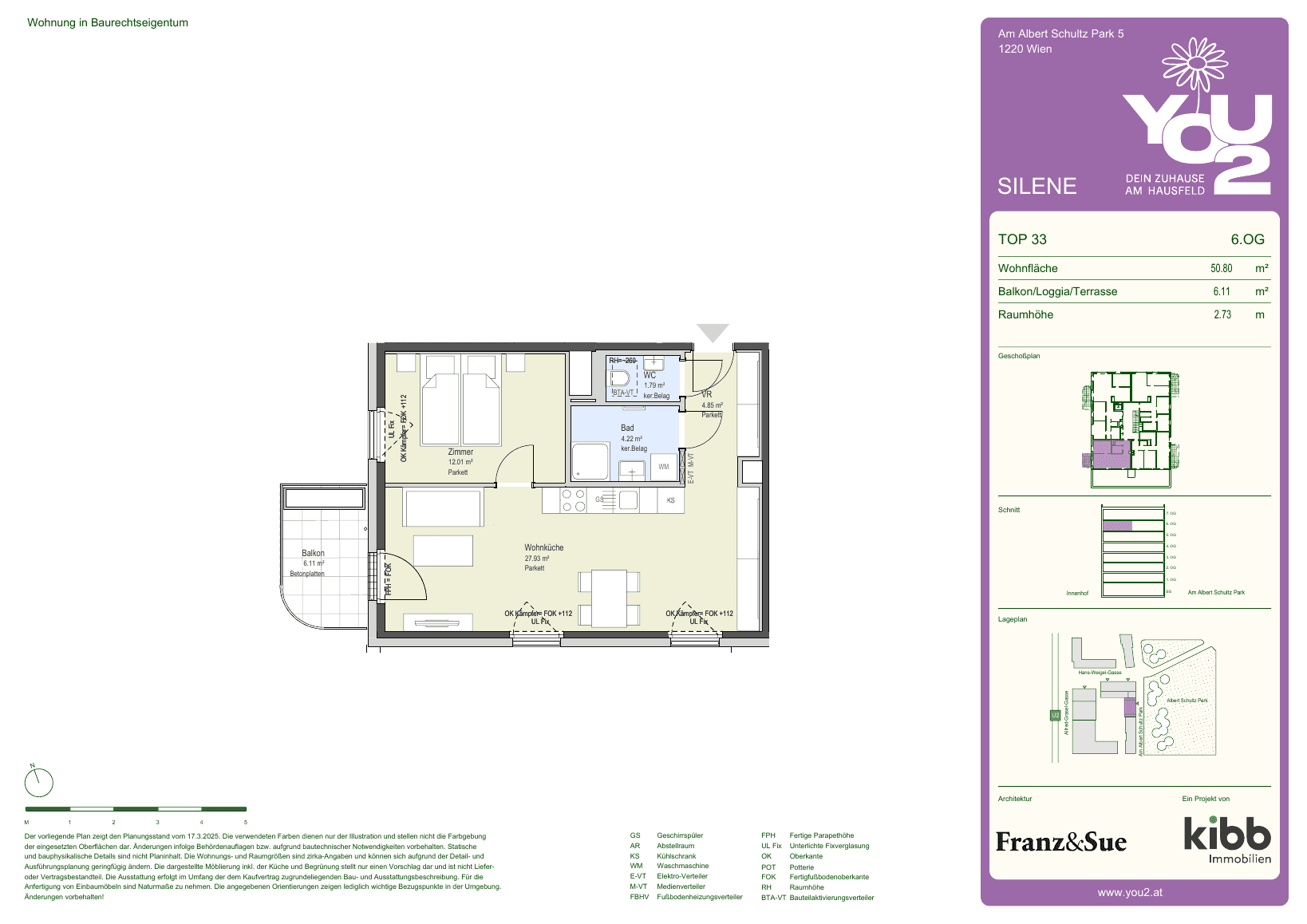 Grundriss Silene 5 Top 33 — YOU2 - Dein Zuhause am Hausfeld — 2 Zimmer — 50,8 m² — 6th floor — west