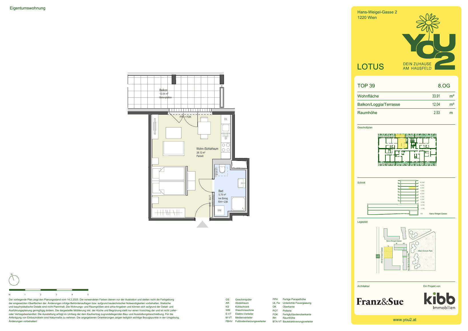 Grundriss Lotus 2 Top 39 — YOU2 - Dein Zuhause am Hausfeld — 1 Zimmer — 33,9 m² — 8th floor — north