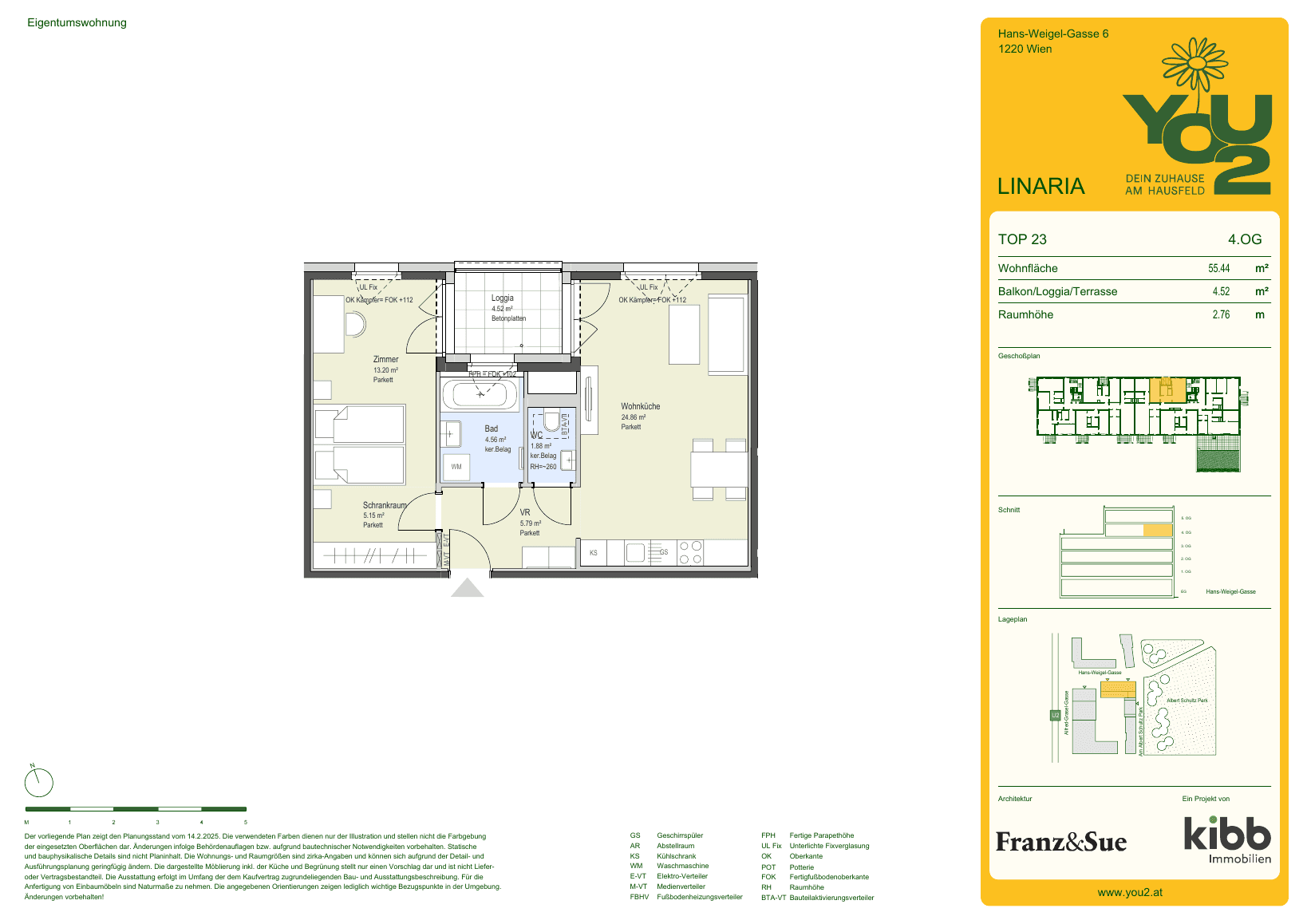 Grundriss Linaria 6 Top 23 — YOU2 - Dein Zuhause am Hausfeld — 2 Zimmer — 55,4 m² — 4th floor — north