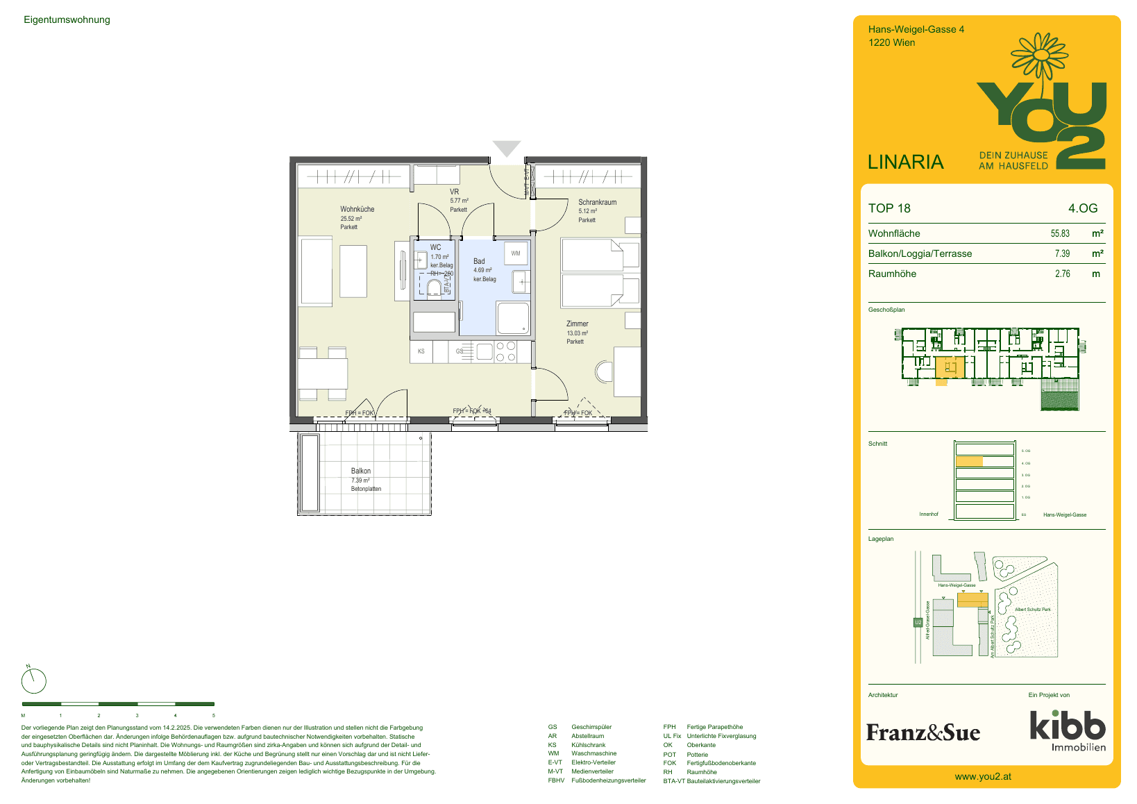 Grundriss Linaria 4 Top 18 — YOU2 - Dein Zuhause am Hausfeld — 2 Zimmer — 55,8 m² — 4th floor — south
