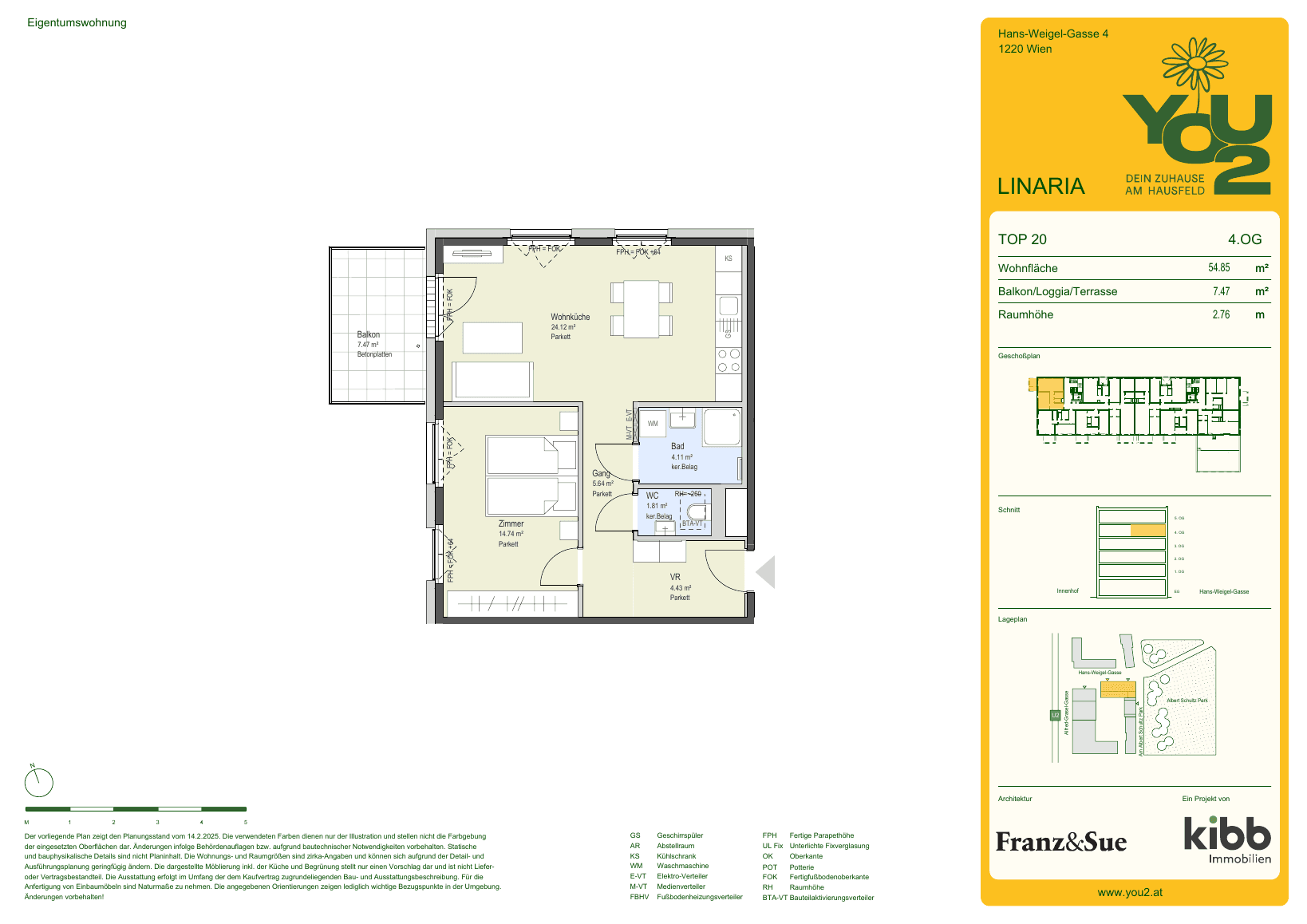 Grundriss Linaria 4 Top 20 — YOU2 - Dein Zuhause am Hausfeld — 2 Zimmer — 54,9 m² — 4th floor — west