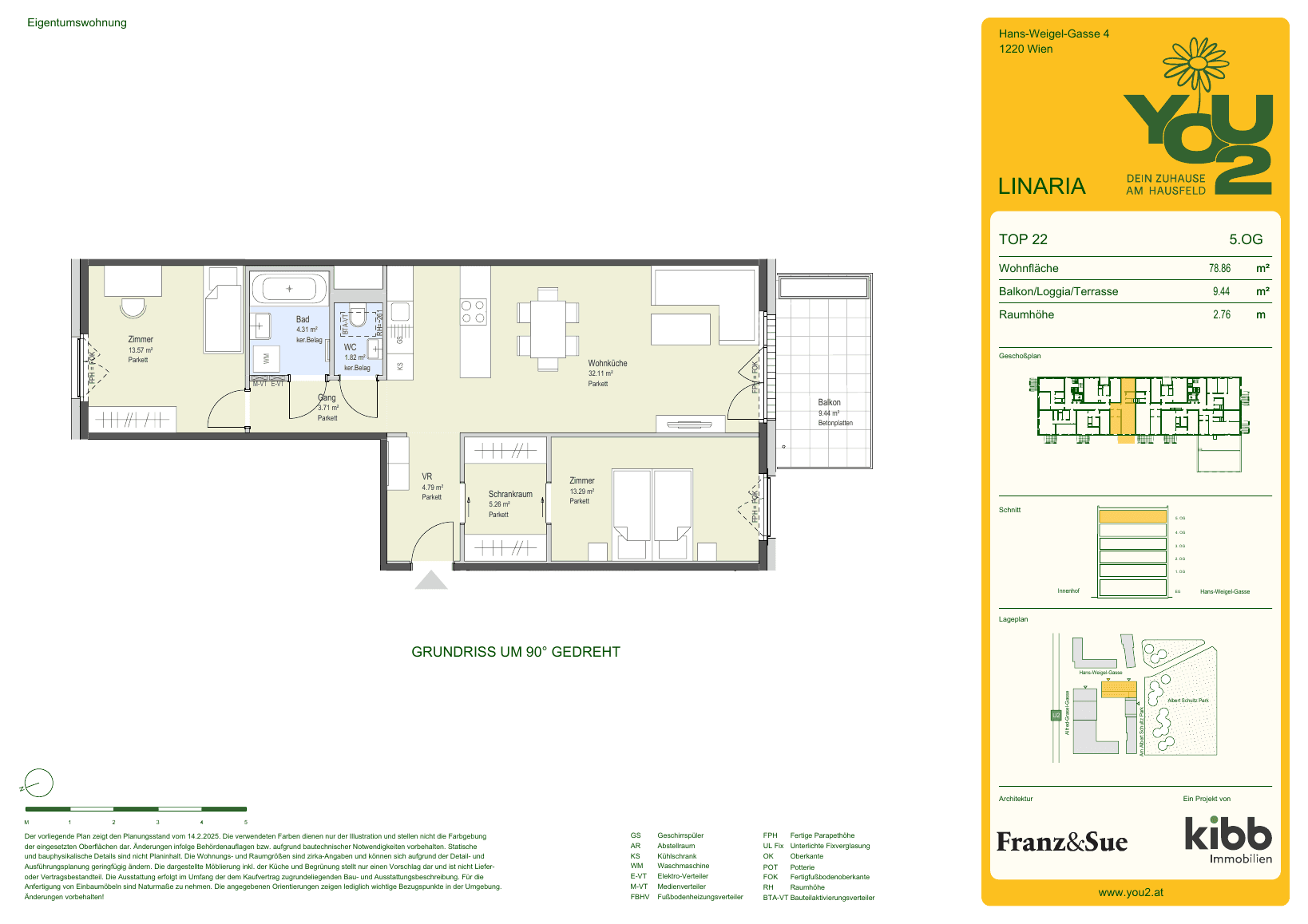 Grundriss Linaria 4 Top 22 — YOU2 - Dein Zuhause am Hausfeld — 3 Zimmer — 78,9 m² — 5th floor — south