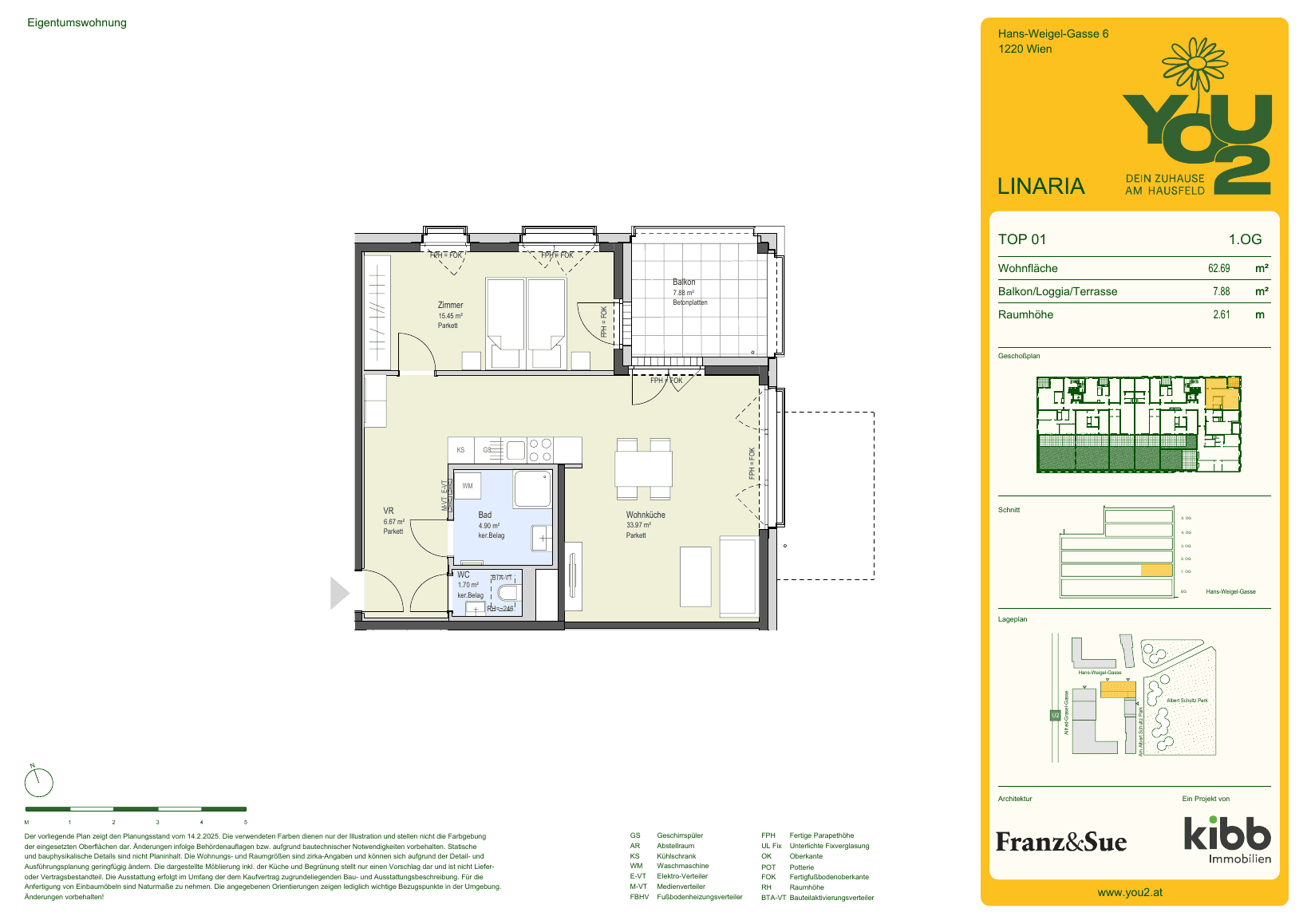 Grundriss Linaria 6 Top 1 — YOU2 - Dein Zuhause am Hausfeld — 2 Zimmer — 62,7 m² — 1st floor — east