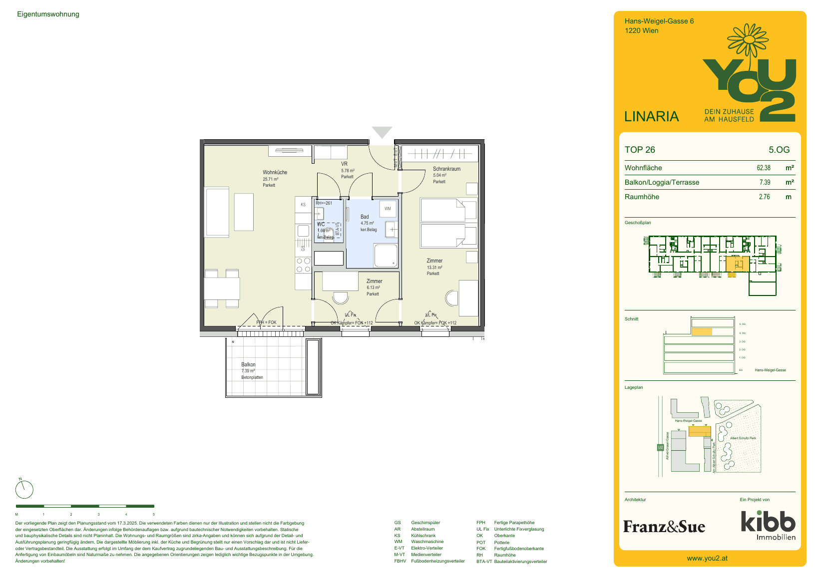 Grundriss Linaria 6 Top 26 — YOU2 - Dein Zuhause am Hausfeld — 3 Zimmer — 62,4 m² — 5th floor — south