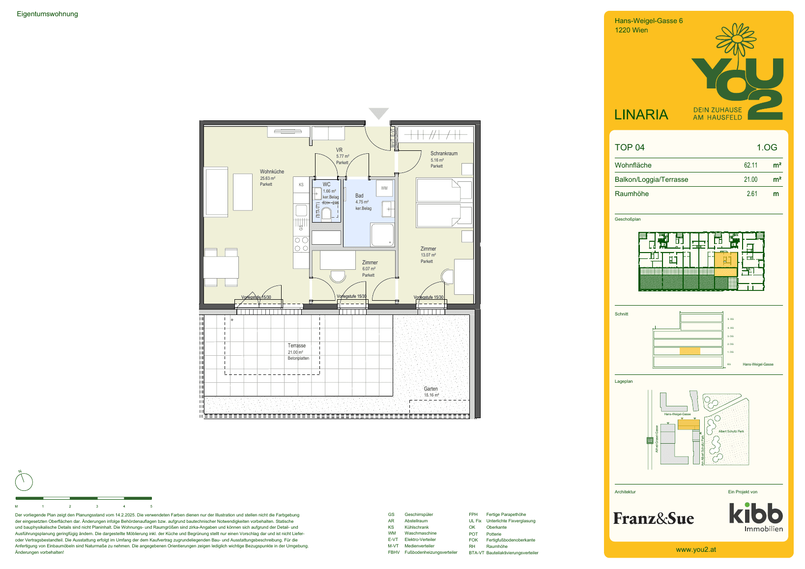 Grundriss Linaria 6 Top 4 — YOU2 - Dein Zuhause am Hausfeld — 3 Zimmer — 62,1 m² — 1st floor — south