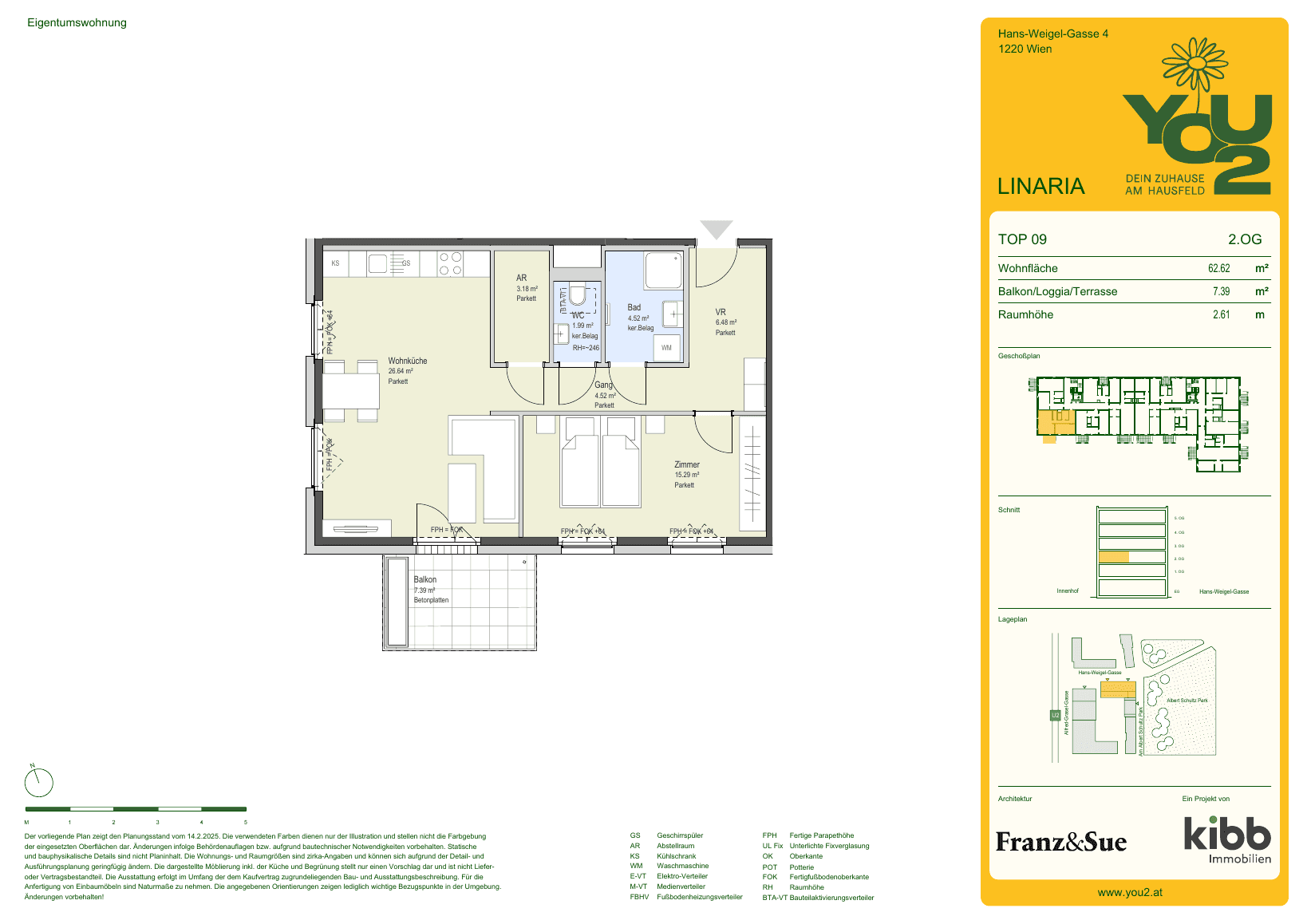 Grundriss Linaria 4 Top 9 — YOU2 - Dein Zuhause am Hausfeld — 2 Zimmer — 62,6 m² — 2nd floor — south